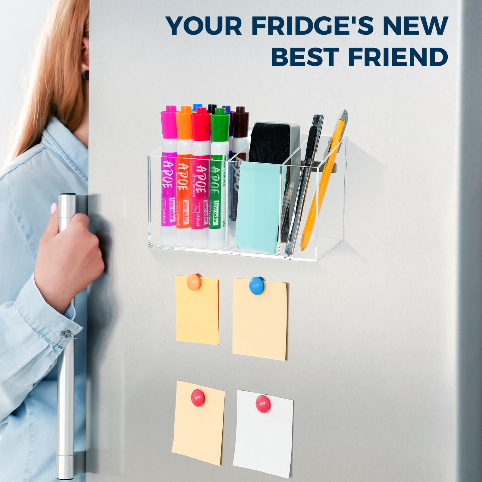 Soporte magnético fuerte para bolígrafo para refrigerador, pizarra blanca de borrado en seco para refrigerador, soporte magnético acrílico para bolígrafo con 3 compartimentos, taza magnética 6