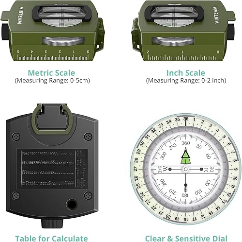 Miniatura 6 de Vinteam Brújula de senderismo multifuncional, brújula militar de avistamiento de metal con bolsa de transporte y niveles de burbujas para