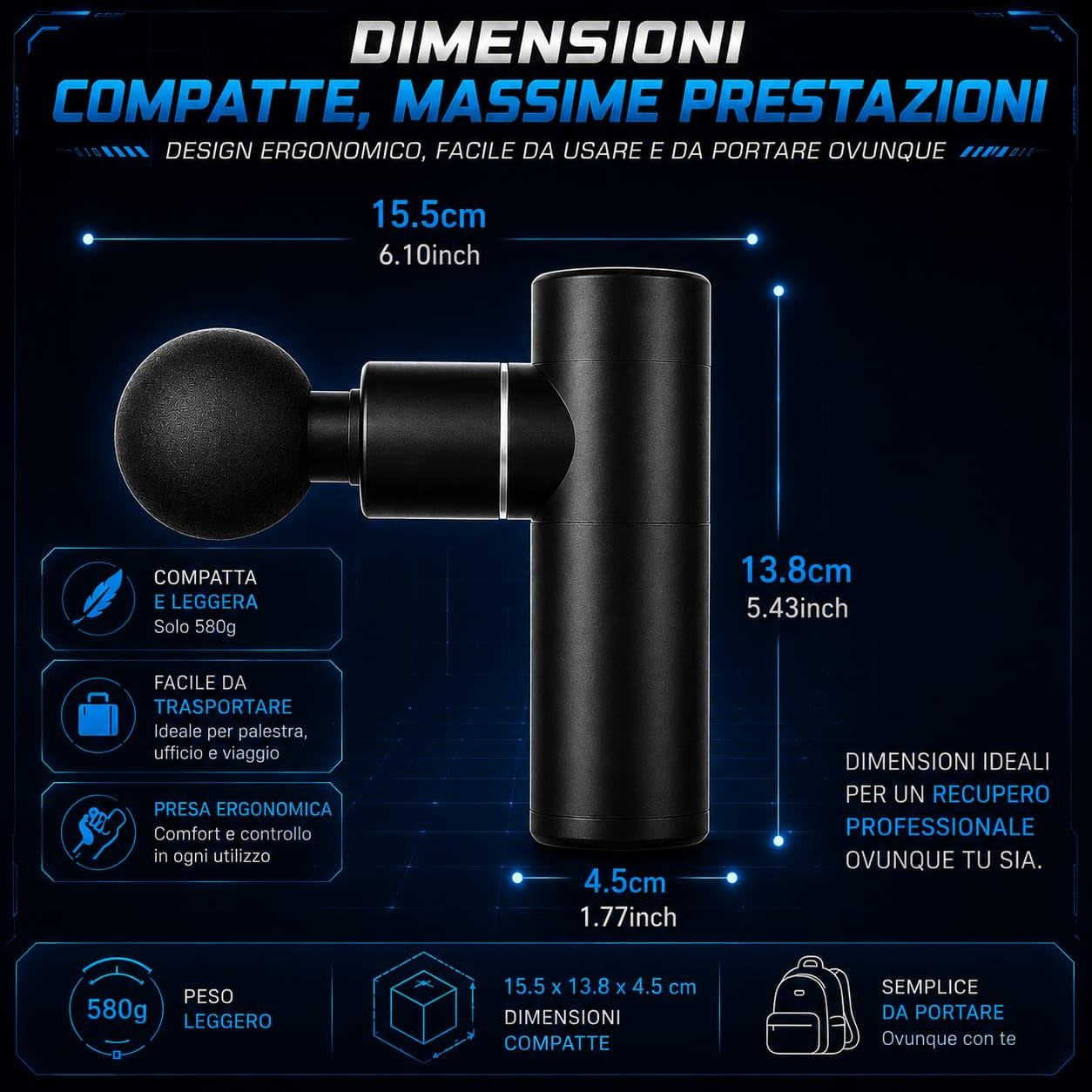 Pistola Massaggiante Professionale – Pistola Massaggio Muscolare Profondo - Display LCD, 3200 Giri/min, 4 Testine, Batteria 2500mAh, Ricarica USB-C Recupero Muscolare