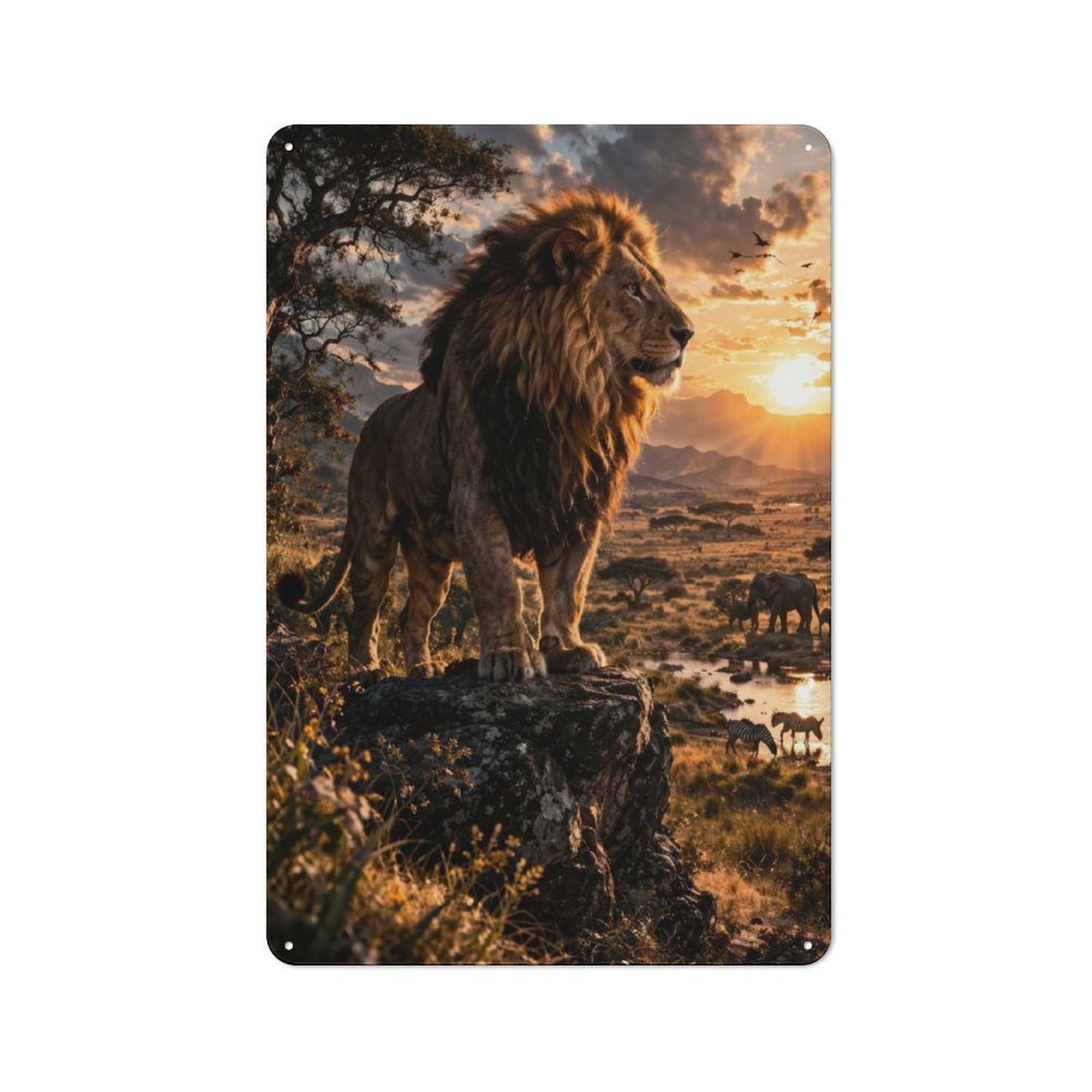 Junmoney Style-15 For Hobby Room Or Studio, Majestic Lion On Cliff At Sunset Retro Tin Sign 30X20cm, Gift For Creative Interior Collectors During The Christmas Season