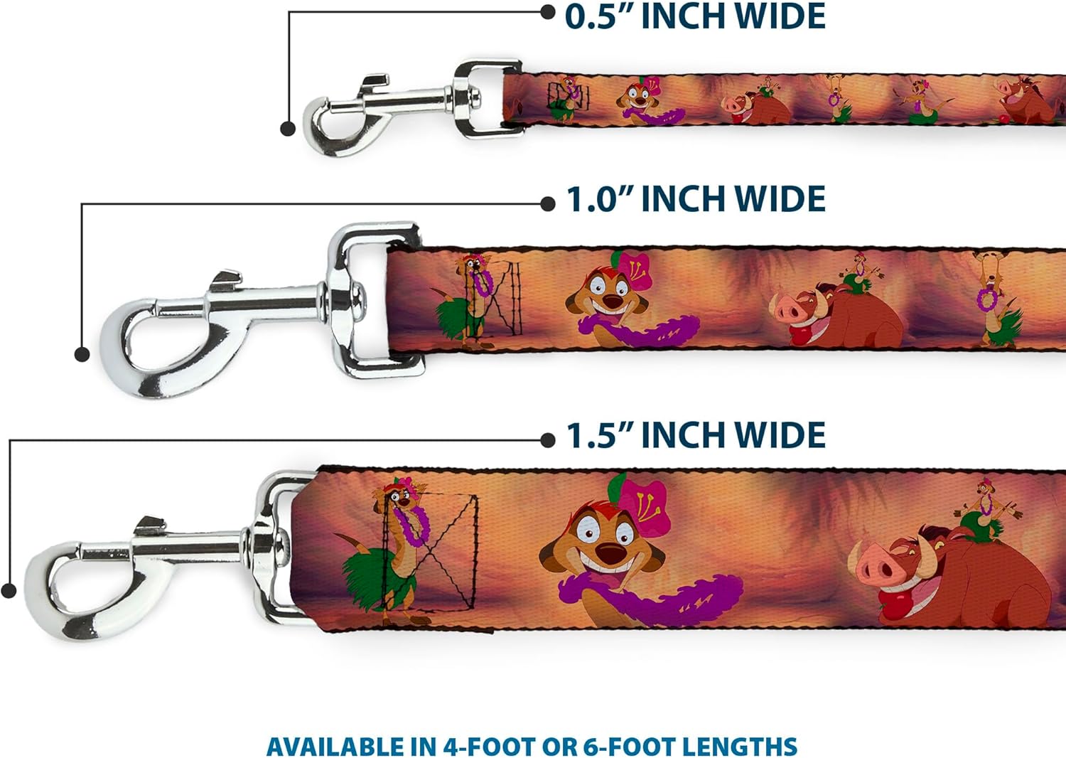 Buckle-Down Pet Leash - Timon & Pumba The Hula Song Poses - 6 Feet Long - 1" Wide