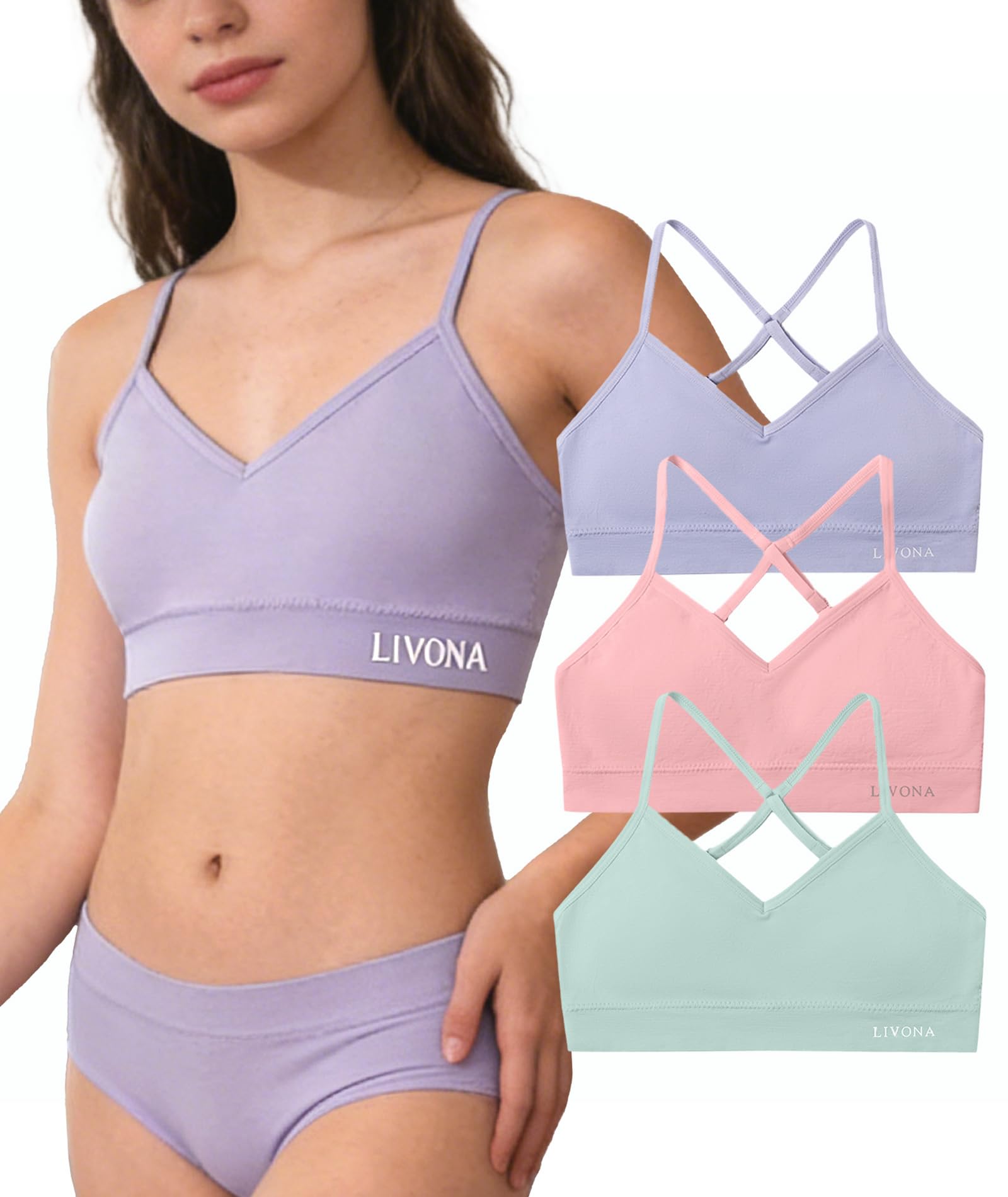 Livona Racerback Training Bra for Girls- 3 Pack Seamless Sports Bra, Padded Everyday Bra Bralette,Crop Cami Tank Top (6-14)