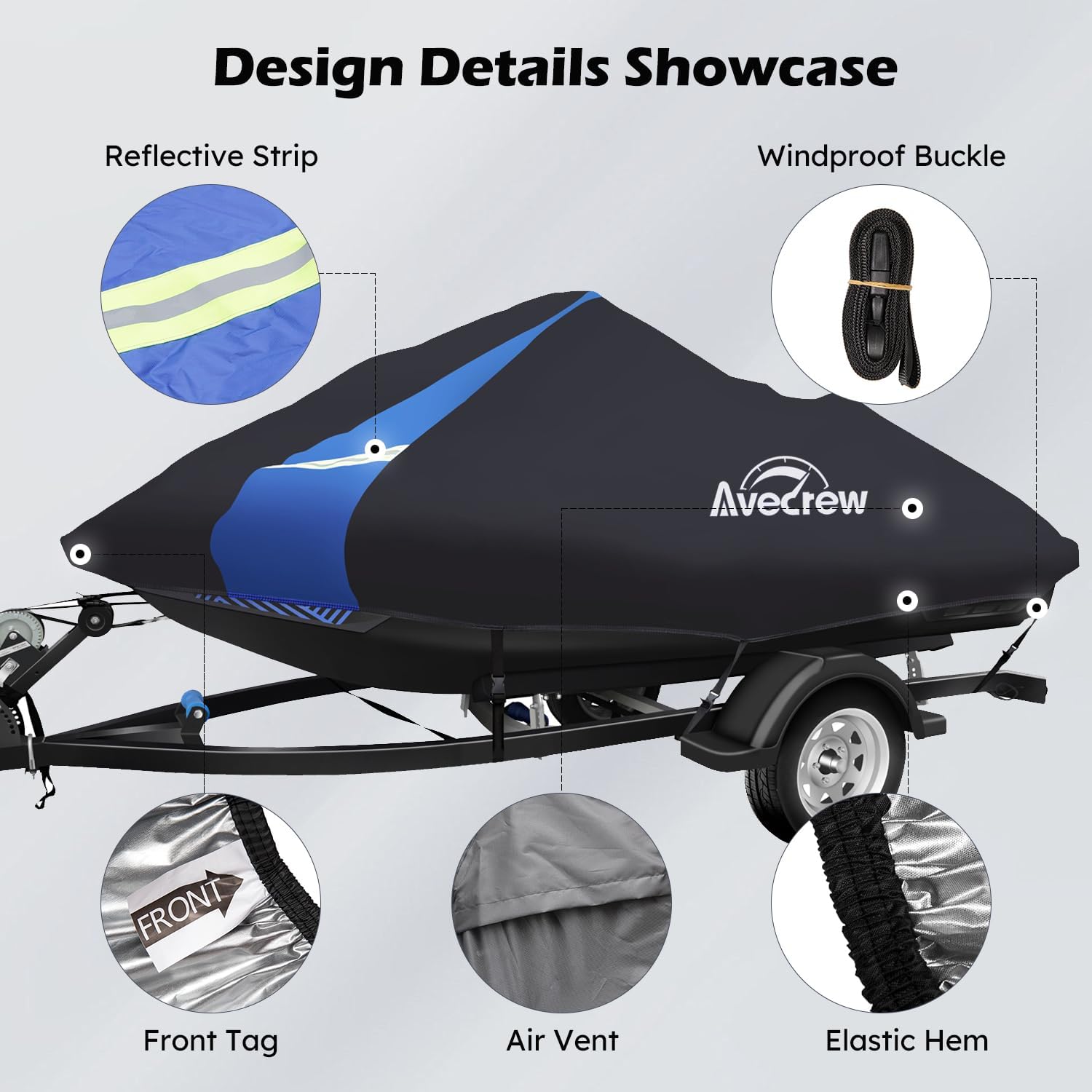 Avecrew Jet Ski Cover Waterproof - 250D Trailerable PWC Cover Fits Yamaha Seadoo Kawasaki Personal Watercraft Boats with Two Air Vents| Length Range: 135'' to 145''