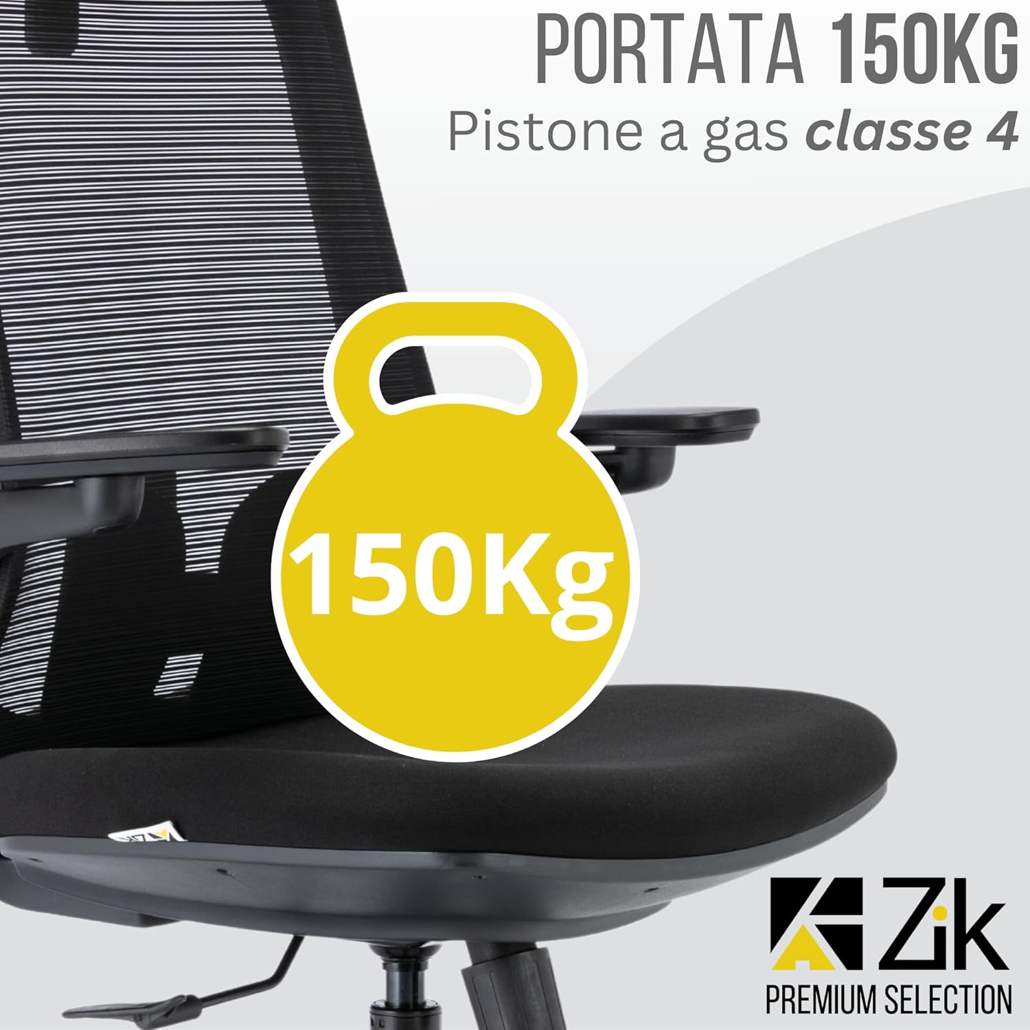Image showing the ZIK Ruby chair with a graphic indicating its 150kg weight capacity.