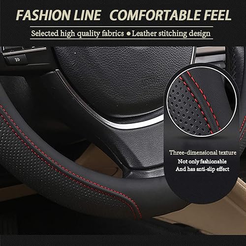 Miniatura 2 de Funda para volante de automóvil con piel sintética duradera, ajuste universal de 15 pulgadas para auto, camión, SUV, transpirable, antideslizante,