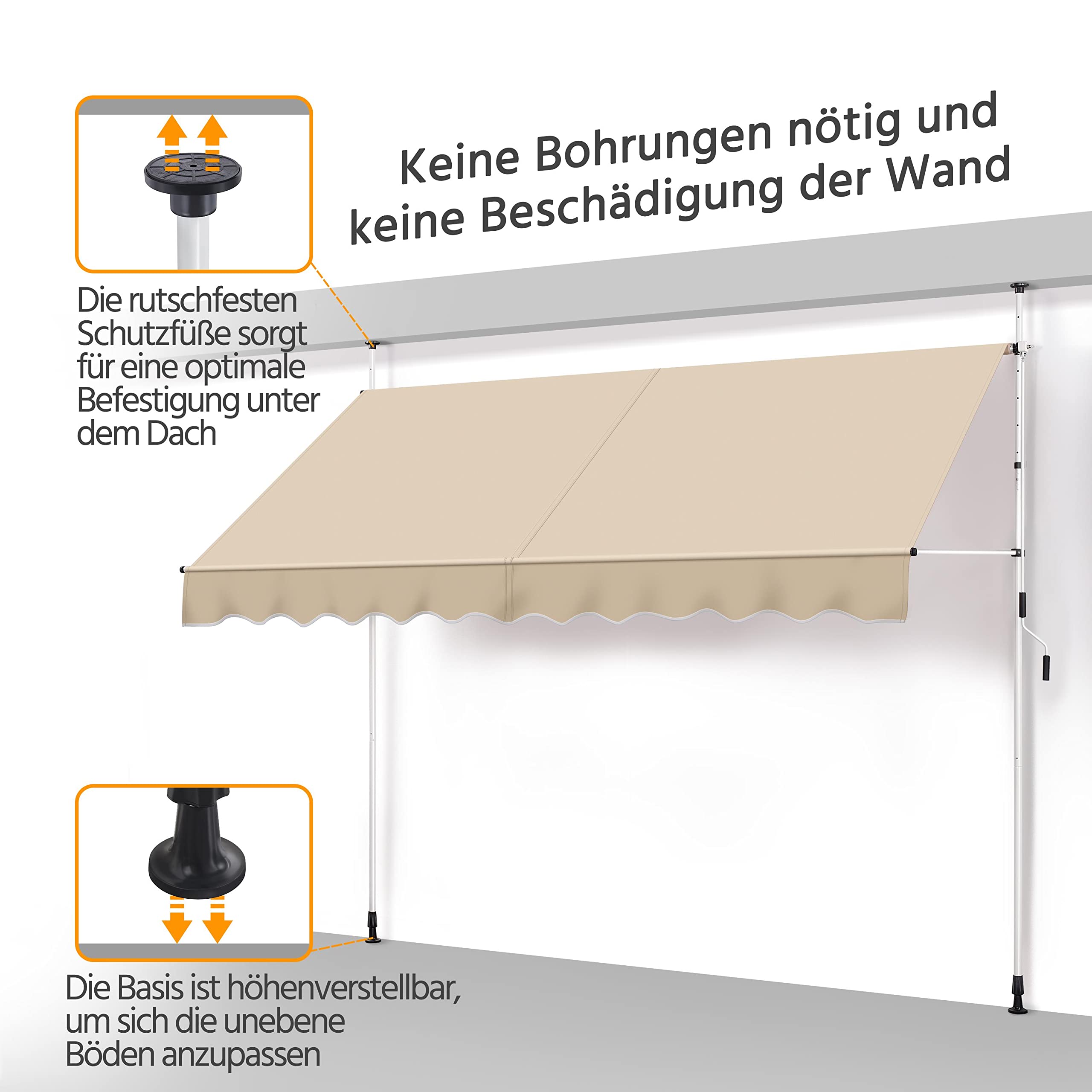 Yaheetech Tenda da sole da balcone, larghezza 300 cm, con manovella, protezione solare senza fori, regolabile in altezza, con struttura, colore beige