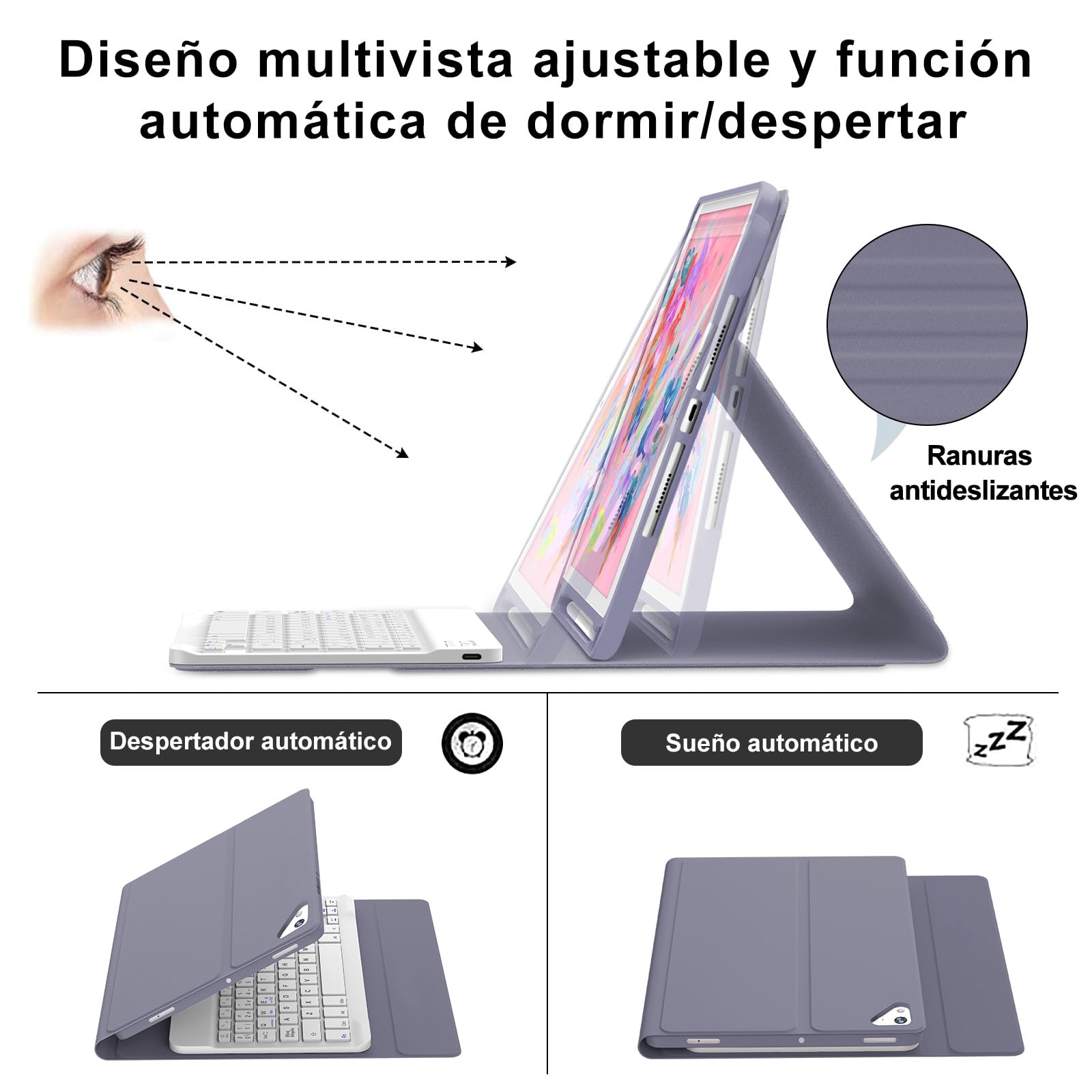 IVEOPPE Teclado iPad 6 Generación 9.7" 2018, Funda Teclado Español Ñ Bluetooth Magnética Wireless para iPad 6a/5a/Pro 9.7/Air 2/Air 1, Púrpura Lavanda