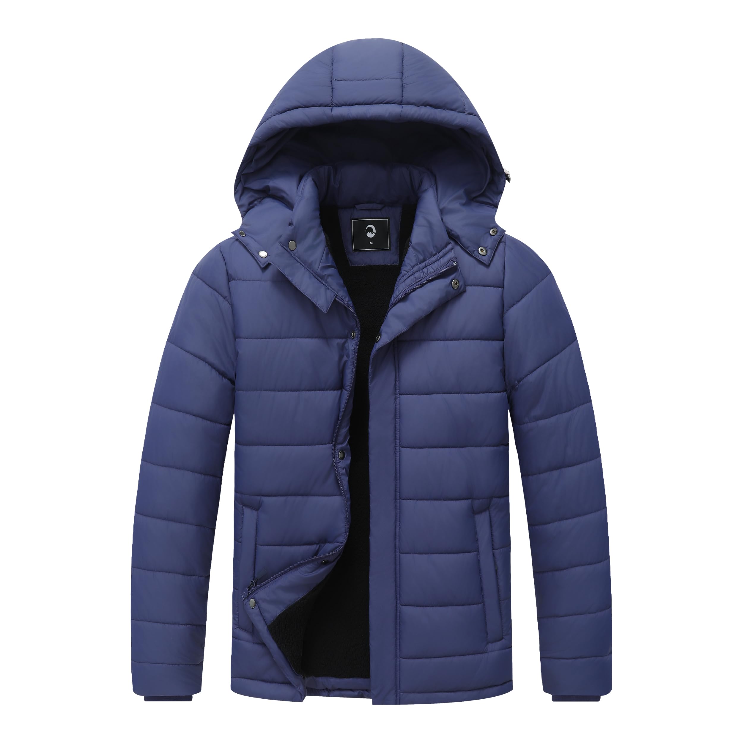 Mens Winter Down Jacket with Detachable Hood Fleece-Lined Warm Coat Windproof Thickened Design for Cold Weather