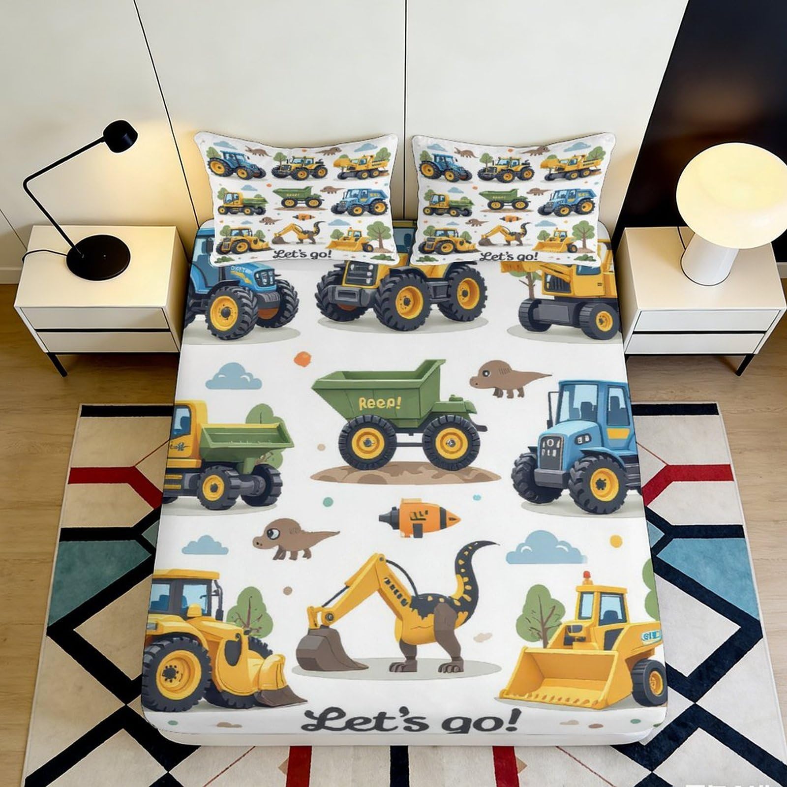 3D Printed Construction Vehicles Fitted Sheet Microfiber Soft Anti-Slip Machinery Dinosaur Bed Cover for Bedroom Dorm Decor 120x200x25cm