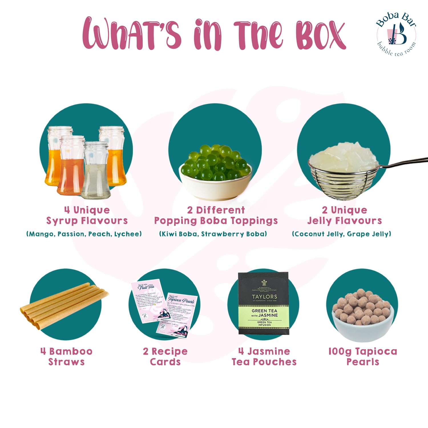 Escapadas exóticas - Kit de té de burbujas de frutas | 4 sabores de té de frutas | 4 - Coberturas de boba y gelatina | Vegano y sin gluten (4 porciones) | Té de burbujas de perlas de tapioca