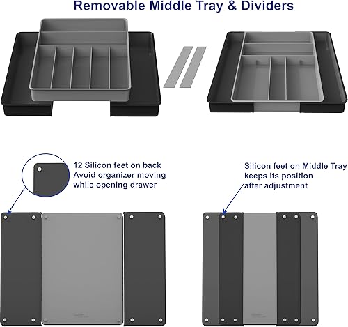 Miniatura 4 de Simple Houseware Organizador de cubiertos para cajones de cocina, negrogris