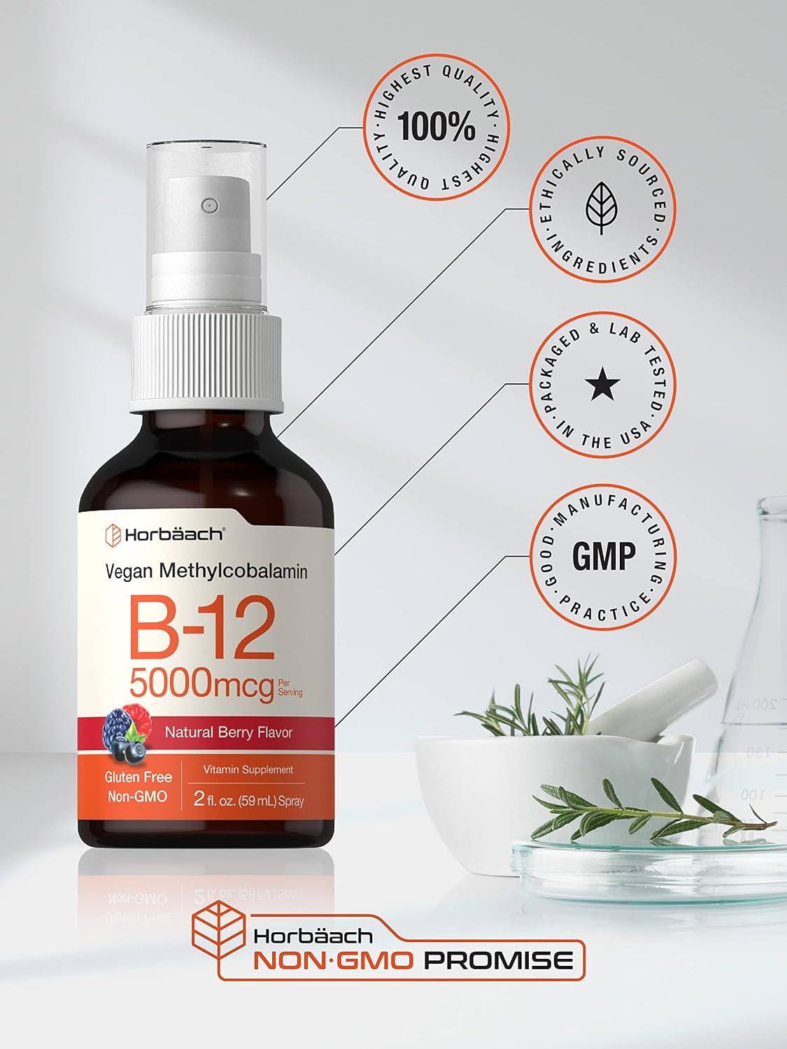 Vitamin B12 Methylcobalamin Spray | 5000 mcg | 2 oz | New Improved Packaging | Vegetarian Liquid Supplement | Non GMO & Gluten Free | Natural Berry Flavor | by Horbaach