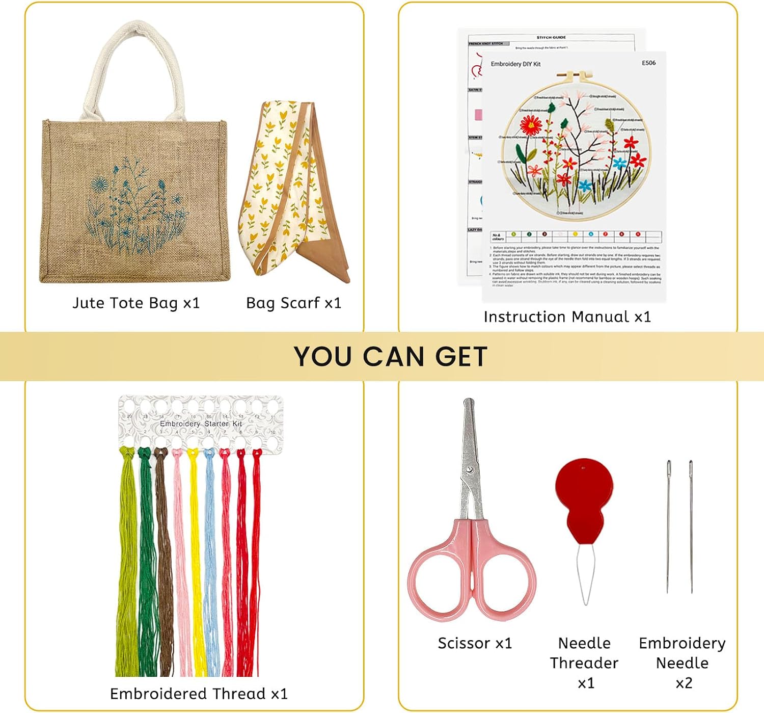 SNAIL GARDEN Linen Tote Bag DIY Embroidery Kit for Beginners with Scarf, Printed Cross Stitch Craft Kit with Thread, Needle & Guide – Reusable Grocery Bag for Women