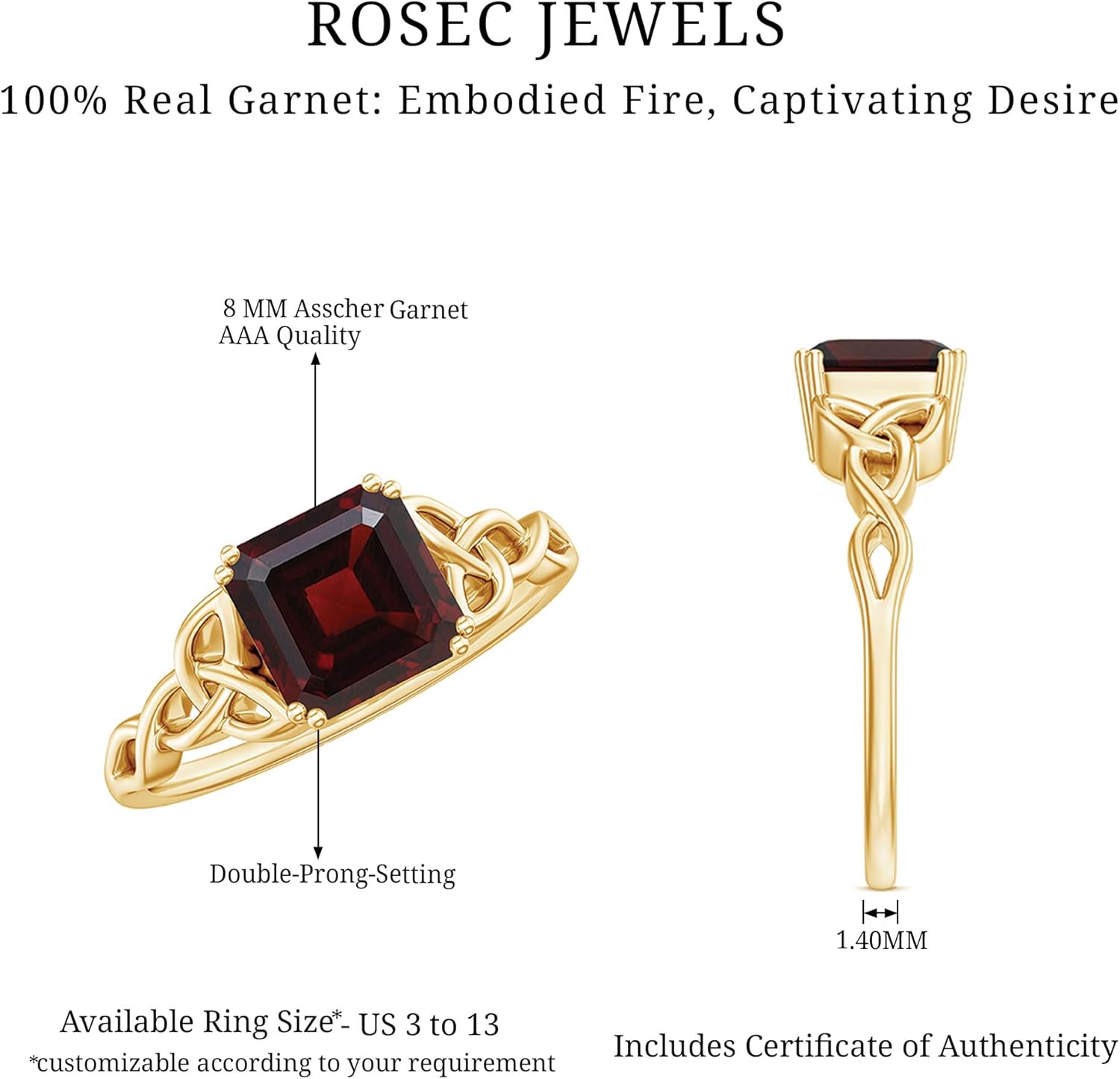 Natural Garnet 8MM Asscher Cut Engagement Ring, AAA Quality, Certified Rhodolite Garnet Solitaire Ring - Gift For Women