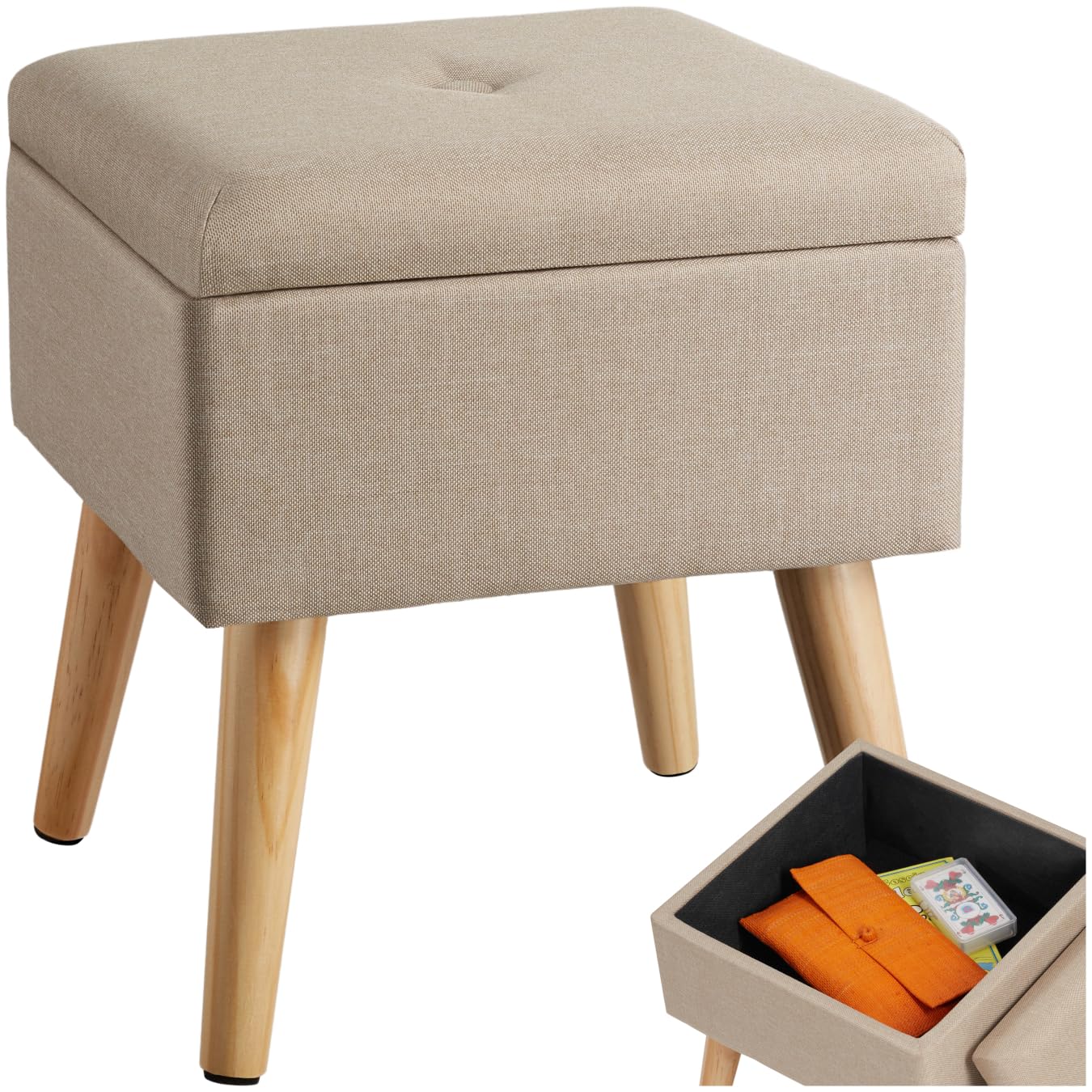 WENKO Hocker Mit Stauraum – Grauer Samt-Hocker Mit Holzfüßen, 36,5x41x36 Cm, Sitzbank & Aufbewahrung