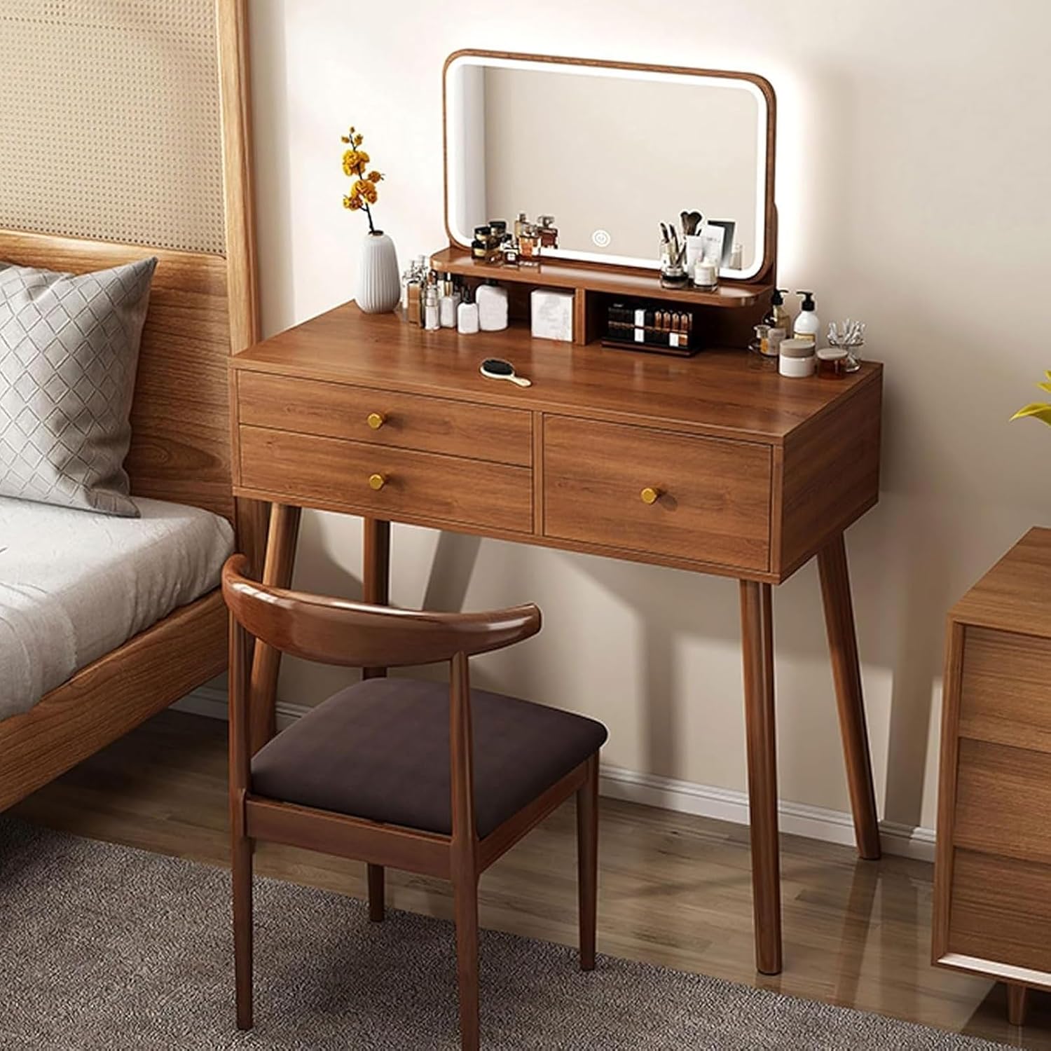 メイクアップ化粧台セット ドレッサーデスク 照明付きミラー付き 明るさ調節可能 化粧台デスク 引き出し3個と棚付き(80*45*13