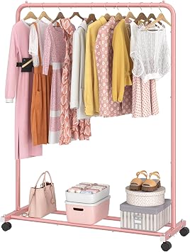 Simple Trending Clothes Clothing Garment Rack, Clothes Organizer, Pink | Storage Shelves, 360 Lockable Wheels, Anti-Slip Stoppers, Bedroom, Laundry Room