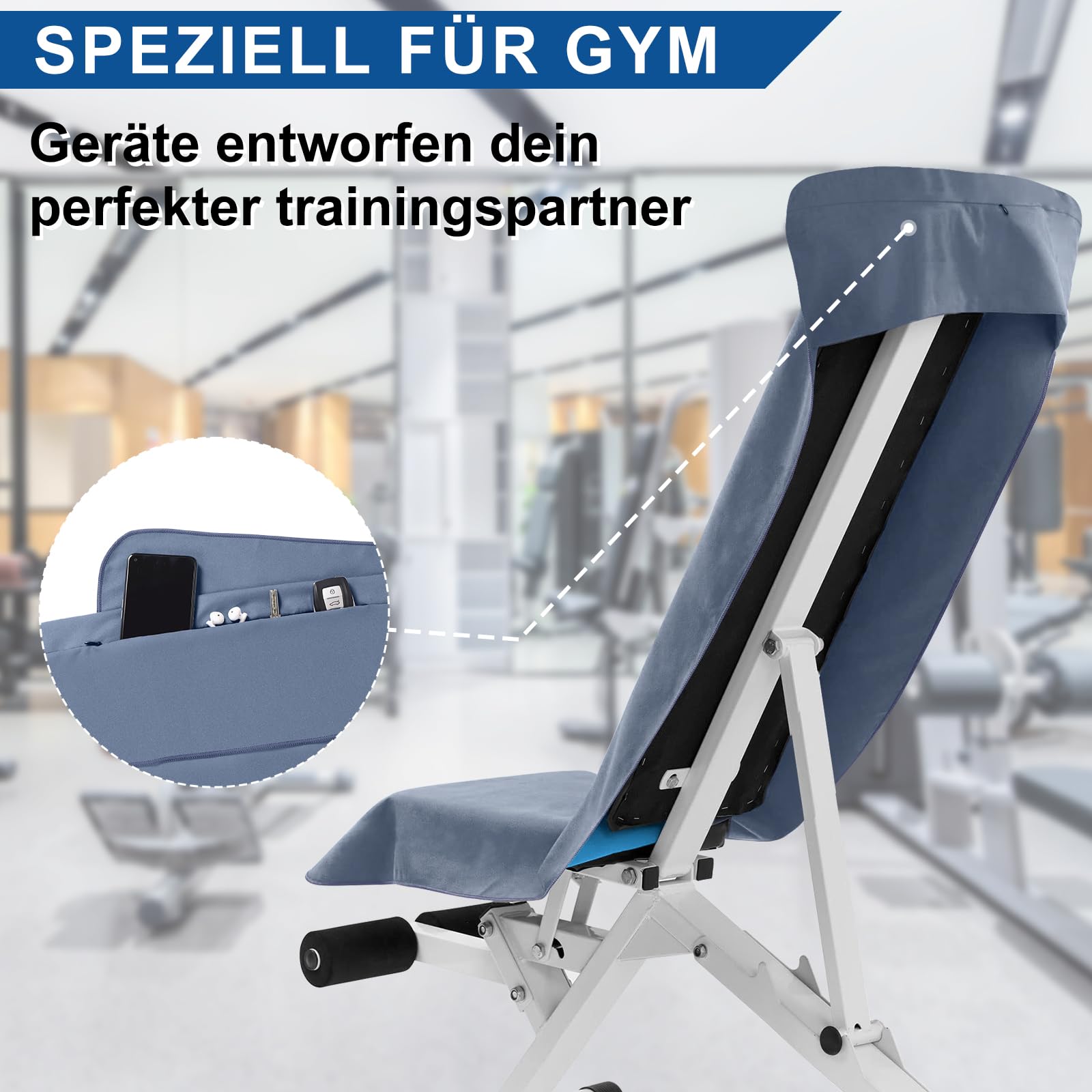 Pameil Asciugamano fitness |120 x 50 cm | Asciugamano da palestra in microfibra con tasca con chiusura lampo, compatto e ad asciugatura rapida – Asciugamano sportivo da palestra (blu navy)