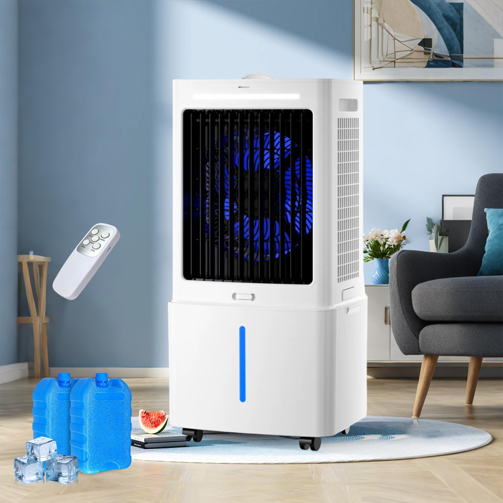 Mobile 25L Evaporative Cooler, Detachable Tank 800 m³/h Air Humidifier, Remote, 12H Timer, 90° Oscillating Floor Fan