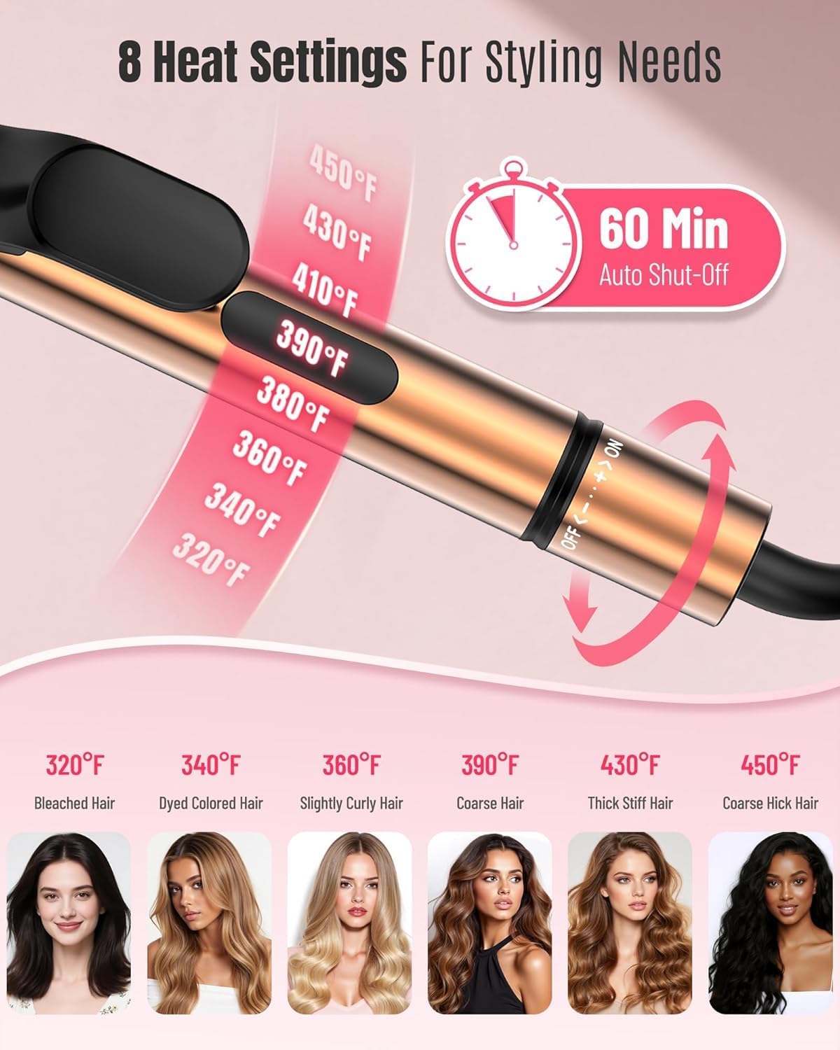 1.25 inch Long Barrel Curling Iron, Extra-Long Curling Wand with 8 Heat Settings, Ceramic Curling Iron for Smooth and Lasting Styling,Suitable for All Hair Types, Dual Voltage Damage-Free Styling