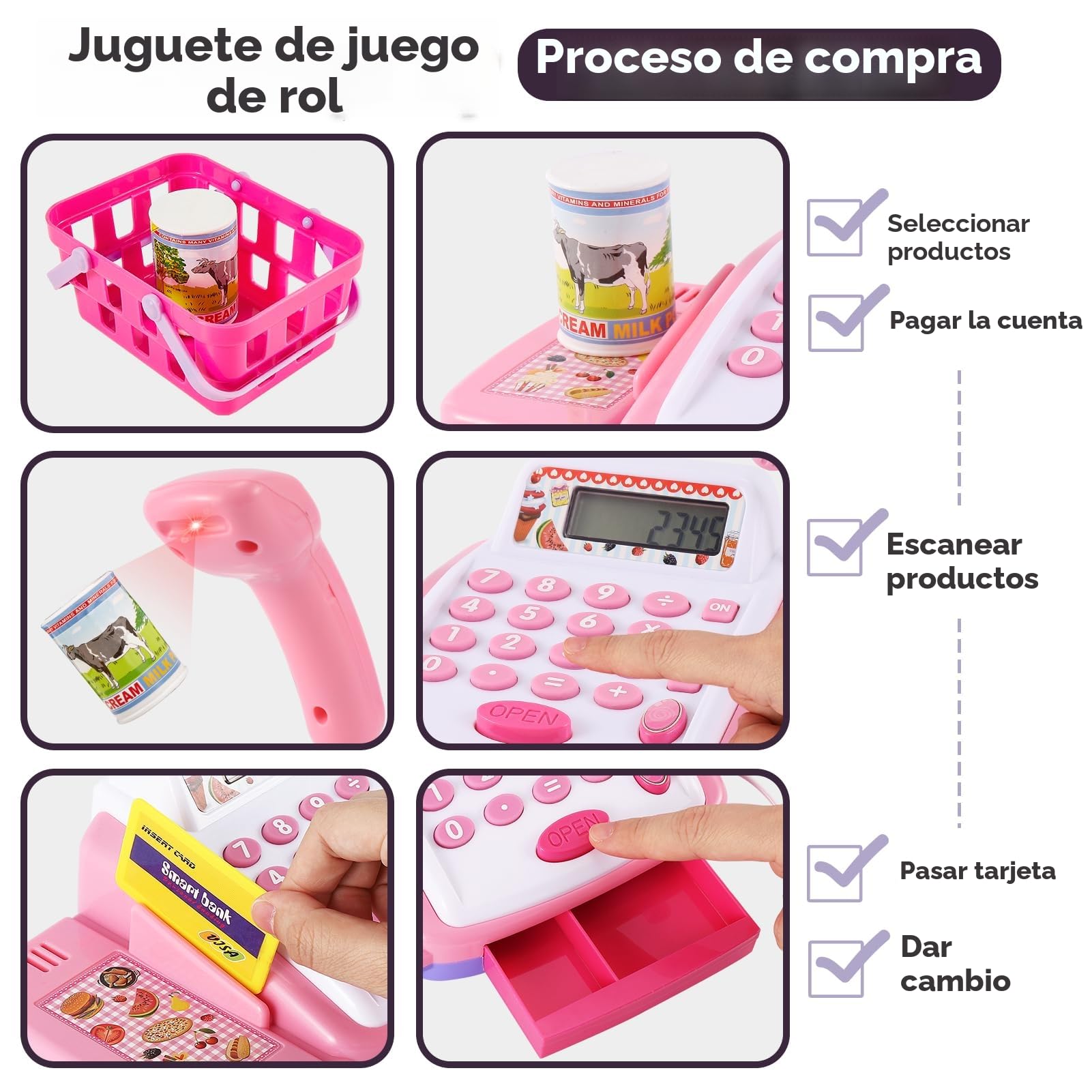 HYAKIDS Caja Registradora Juguetes 3 Años, Máquina Registradora Infantil con Luz y Sonido, Escáner, Supermercado Juguete Tienda Regalo para Niños Niñas Rosa