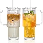 INSETLAN 26oz Ribbed Glass Tumbler with Handle & Lid – 2-Pack Large Iced Coffee Cups with Straws, Modern Glass Mug for Cold & Hot Beverages, Aesthetic Travel Cup for Smoothies, Tea, and Juice