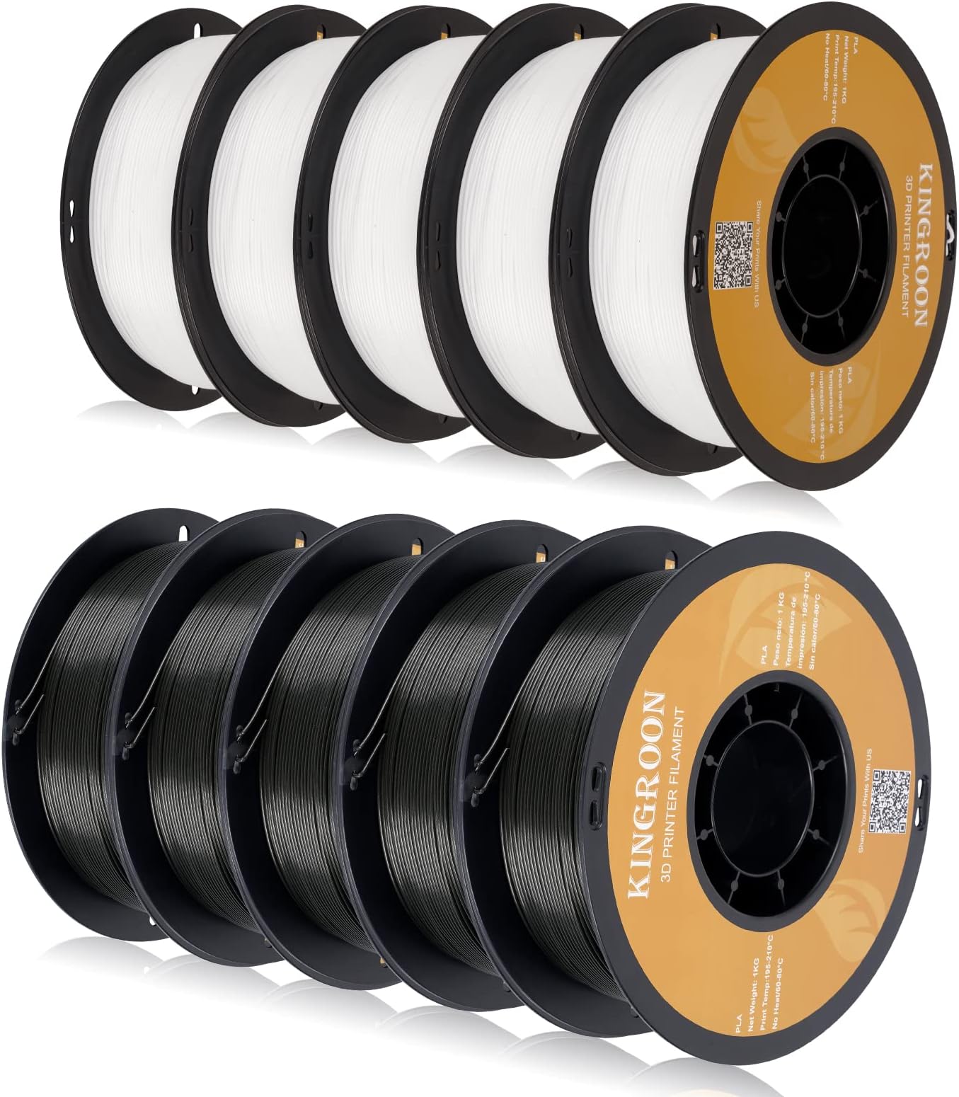 Kingroon PLA 3D Printer Filament,10 Rolls, Dimensional Accuracy +/- 0.02 mm, 10kg Spool(22lbs), 1.75 mm,5Black+5White