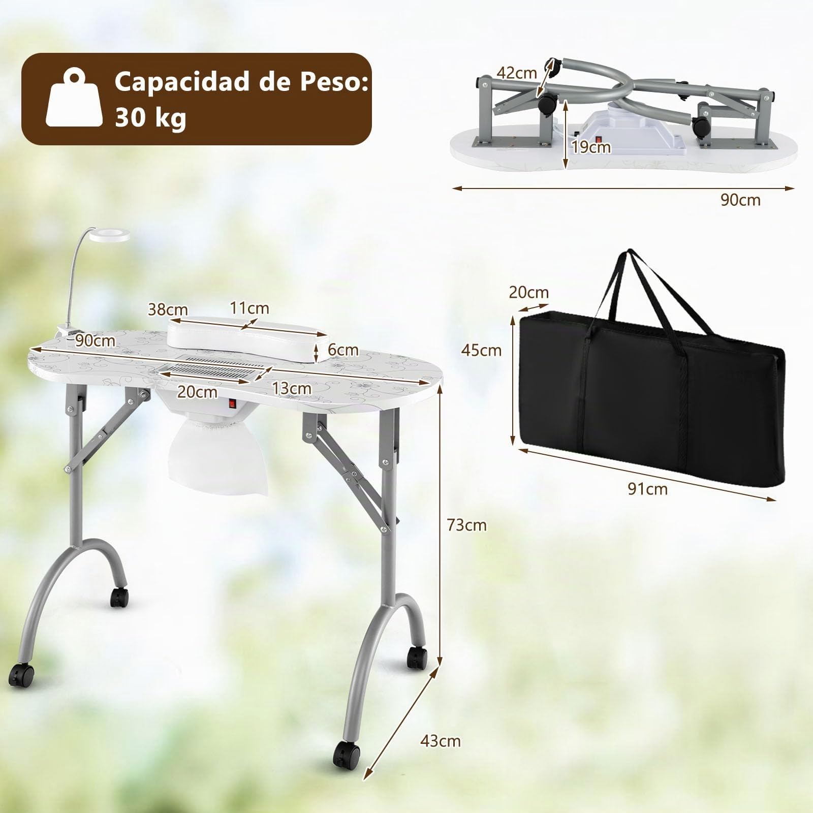 GOPLUS Mesa de Manicura Portátil con Colector de Polvo Eléctrico, Mesa de Manicura Plegable con 4 Ruedas Bloqueables, 3 Bolsas de Polvo, Lámpara LED Ajustable, Bolsa de Transporte, para Spa (Blanco)