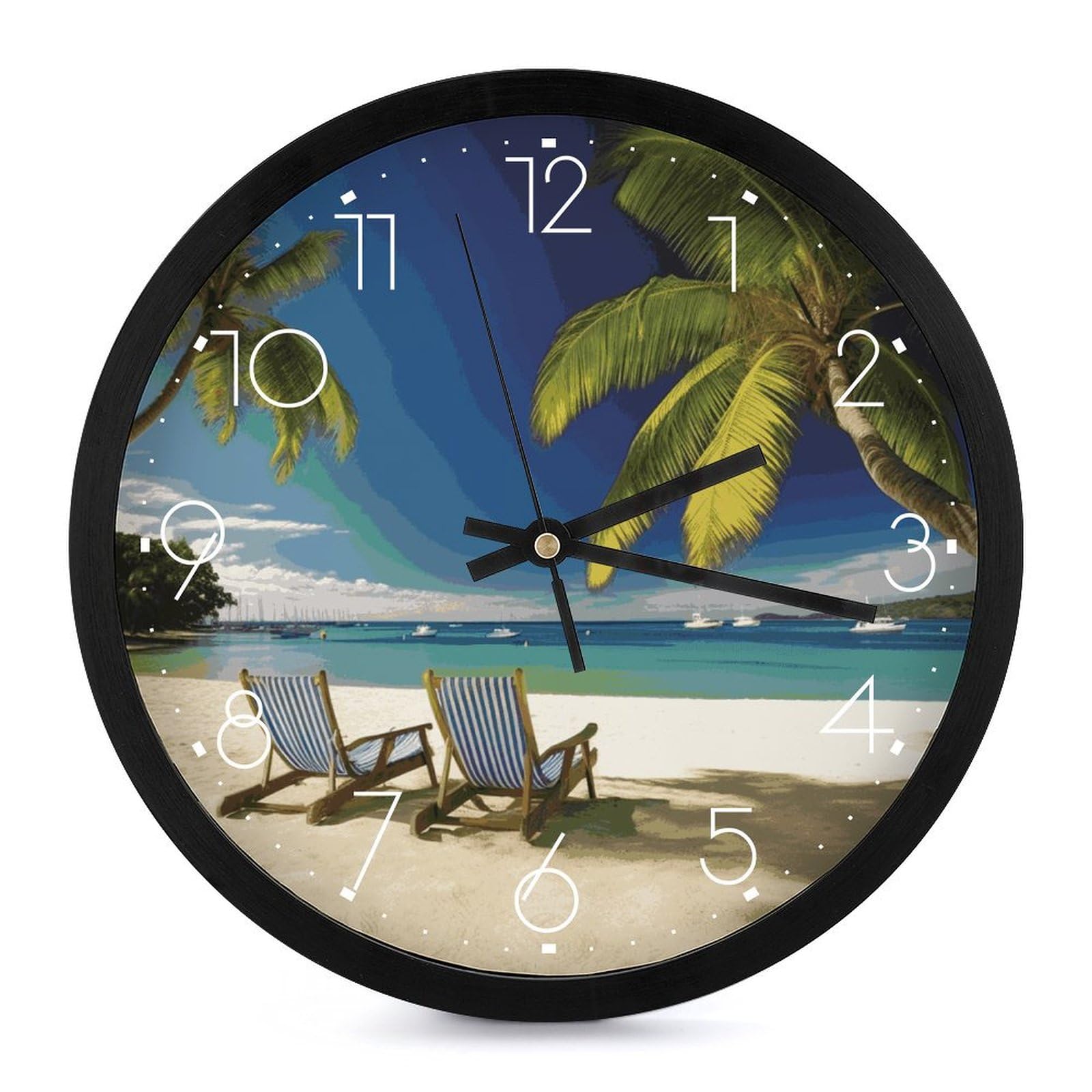 Grande horloge murale moderne LED à piles avec motif bateaux et palmiers