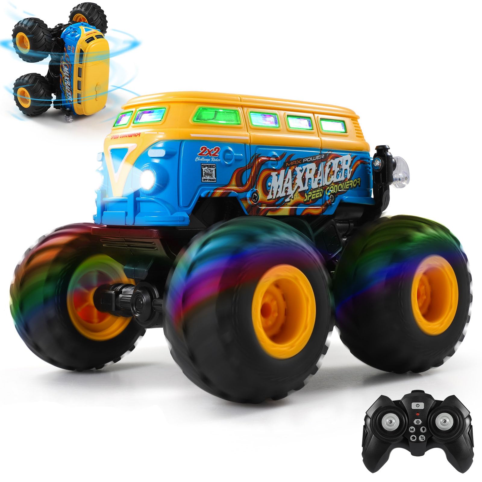 DYODYORC Remote Control Car, 2.4Ghz All Terrain RC Monster Truck Toys with Spray, Music, 3 Lighting Effects, 360 Stunt Capable, All Included Ready to Run, Toy Gifts for Boys and Girl (Yellow)