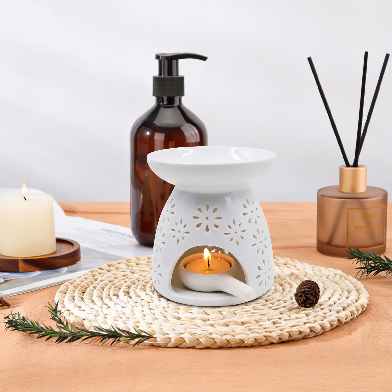 Quemador Aceites Esenciales de Cerámica con Cuchara, Difusor de Aromas para Vela Tealight, Calentador de Cera Wax Melts, Diseño de Estrellas, Decoración para Hogar y Meditación