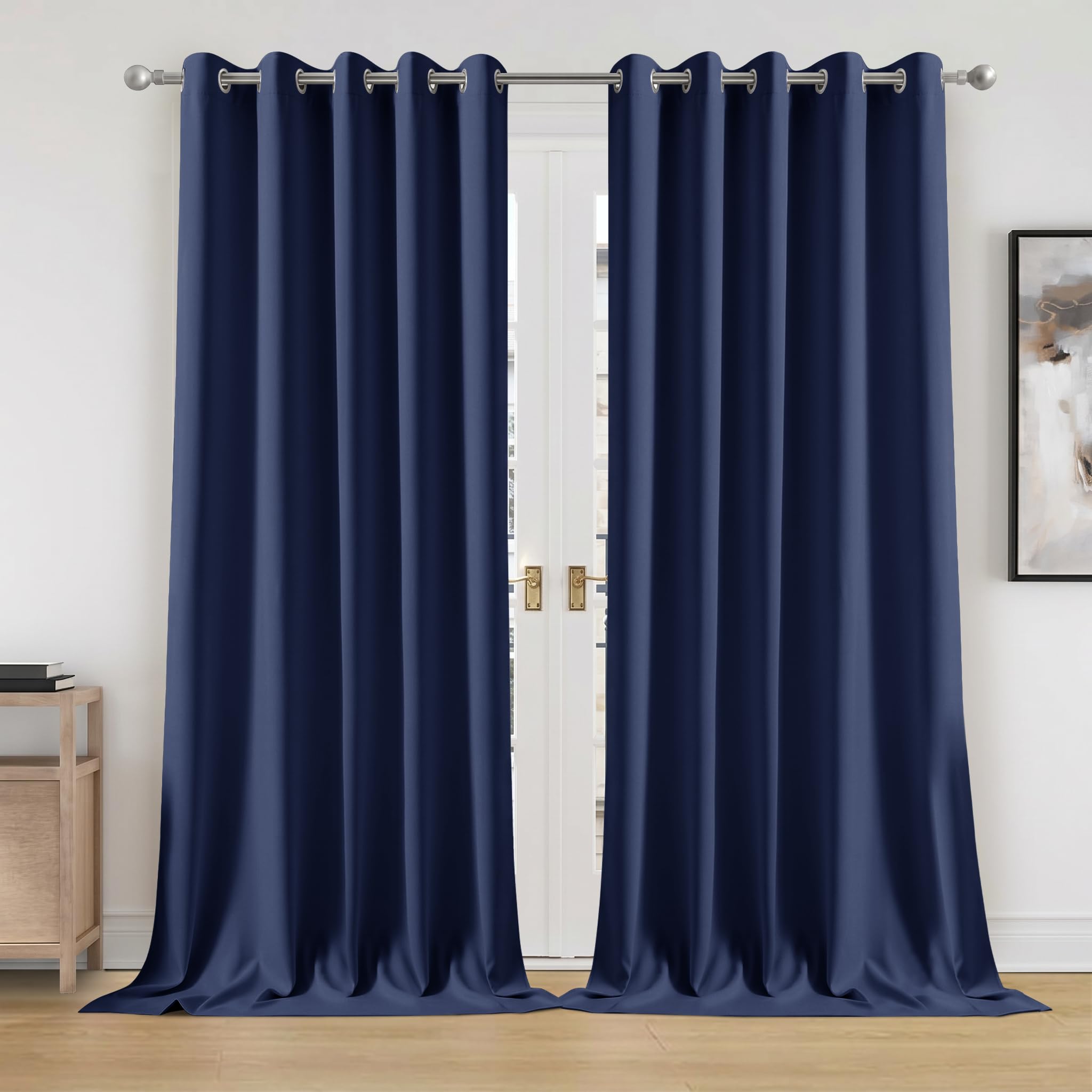 Oxford Homeware Blackout Eyelet Curtains for Bedroom 90x90 Inch Navy Curtains for Bedroom Privacy Protection Extra Long Curtains 2 Panels with Matching Tiebacks