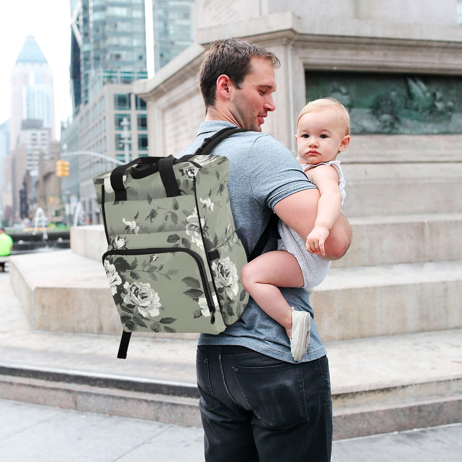 Baby Essentials torba na pieluchy vintage róże oliwkowa zieleń