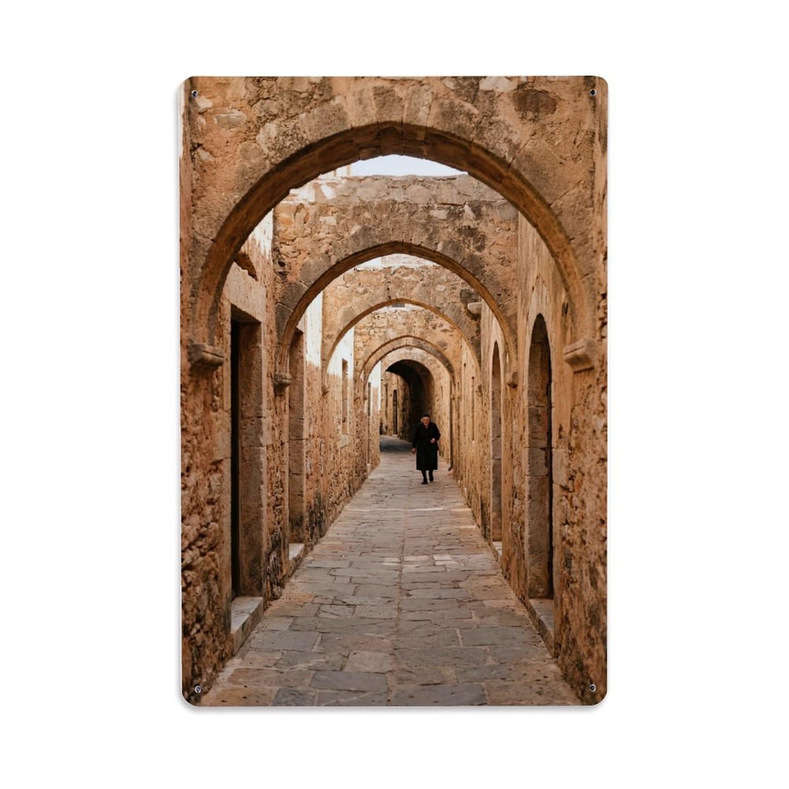 Mediterranean Life Photo Arch Ancient Passage Metal Tin Sign Plaque Wall Decor for Cafe, Club Bar, Office, Home Garden Metal Poster 8x12Inch