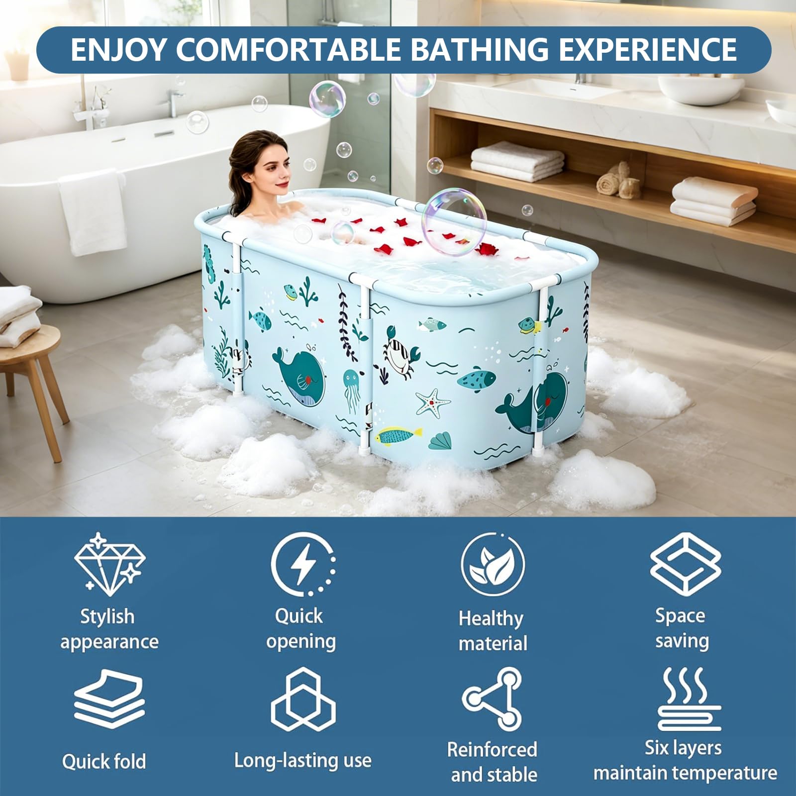 Vasca da Bagno Portatile, Vasca da Bagno Pieghevole per Adulti con Cuscini per Interni ed Esterni, Doccia Idromassaggio SPA, 120 x 55 x 50 cm (Azzurro)