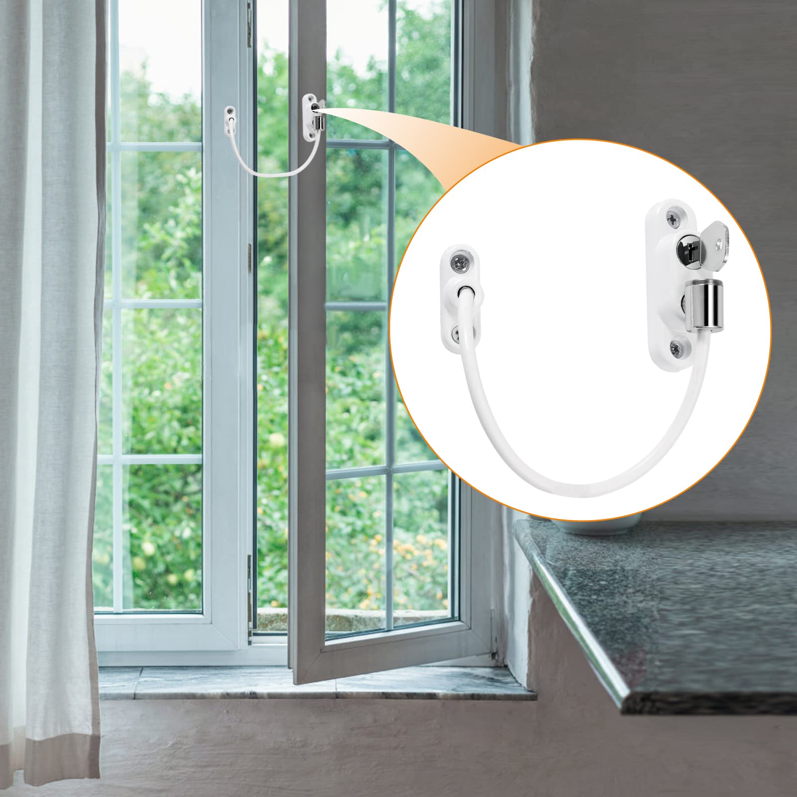 Neoteck 4pcs Entrebâilleur de Sécurité Fenêtre Bébé à Clé – Câbles Verrouillables en Métal Amélioré – Limiteur Ouverture Fenêtre et Porte pour Enfants, PVC, Aluminium, Maison