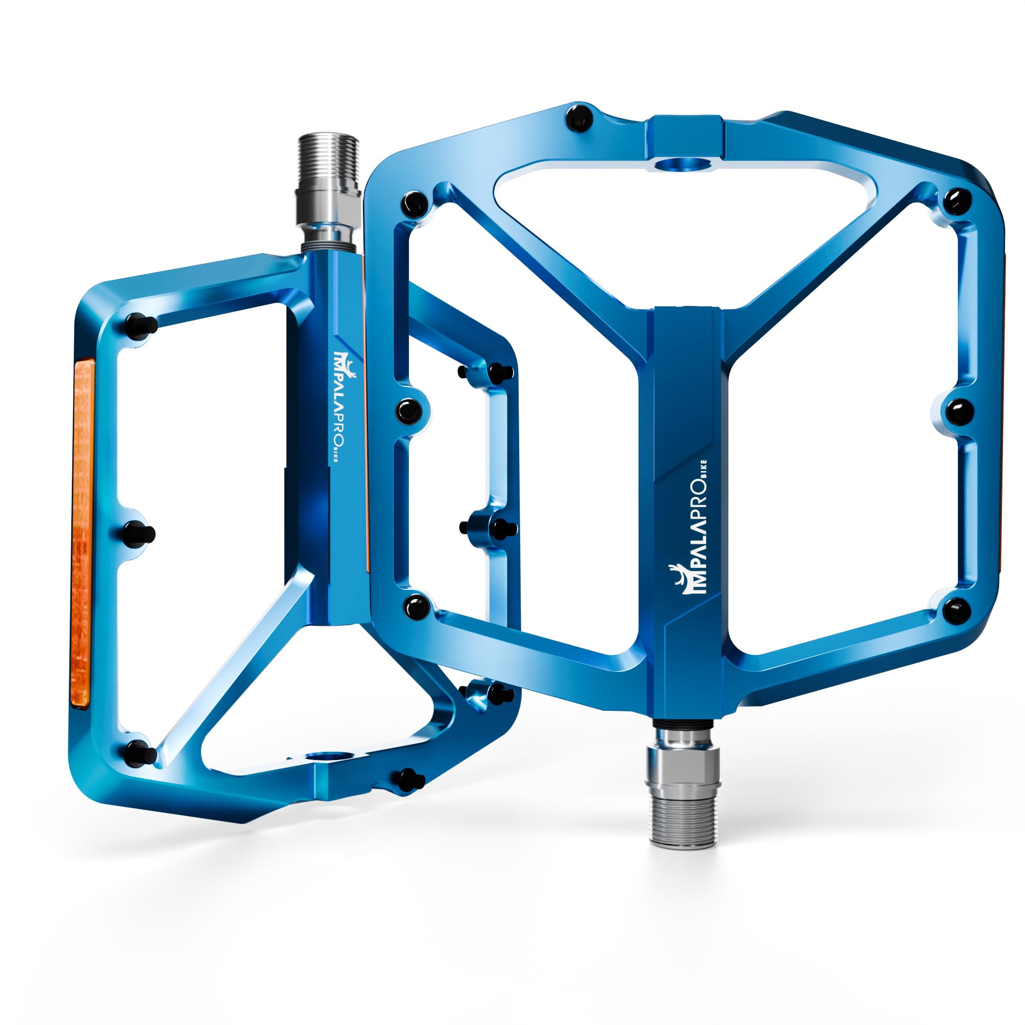 IMPALAPRO Flat Bike Pedals with Reflectors CNC Aluminium 9/16” – MTB Pedals with Extra Wide Platform and Removable Anti-Slip Pins – Lightweight Pedals for Mountain Bike & Road Bike 355 g (light blue)