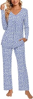 POPYOUNG 2 Piece Women’s Fall Pajama Sets V Neck Long Sleeve Lounge Sleepwear Pjs Sets with Pockets