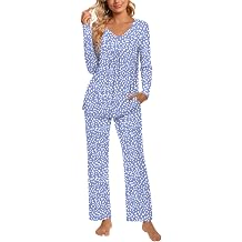 POPYOUNG 2 Piece Womens Fall Pajama Sets V Neck Long Sleeve Lounge Sleepwear Pjs Sets with Pockets
