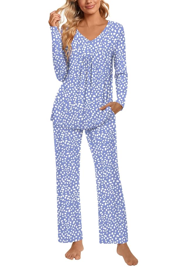 POPYOUNG 2 Piece Womens Fall Pajama Sets V Neck Long Sleeve Lounge Sleepwear Pjs Sets with Pockets