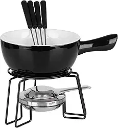 Conjunto de Fondue Cerâmica, Vermelho, 700ml, 8 Peças com Panela e Garfos em Inox (Preto)