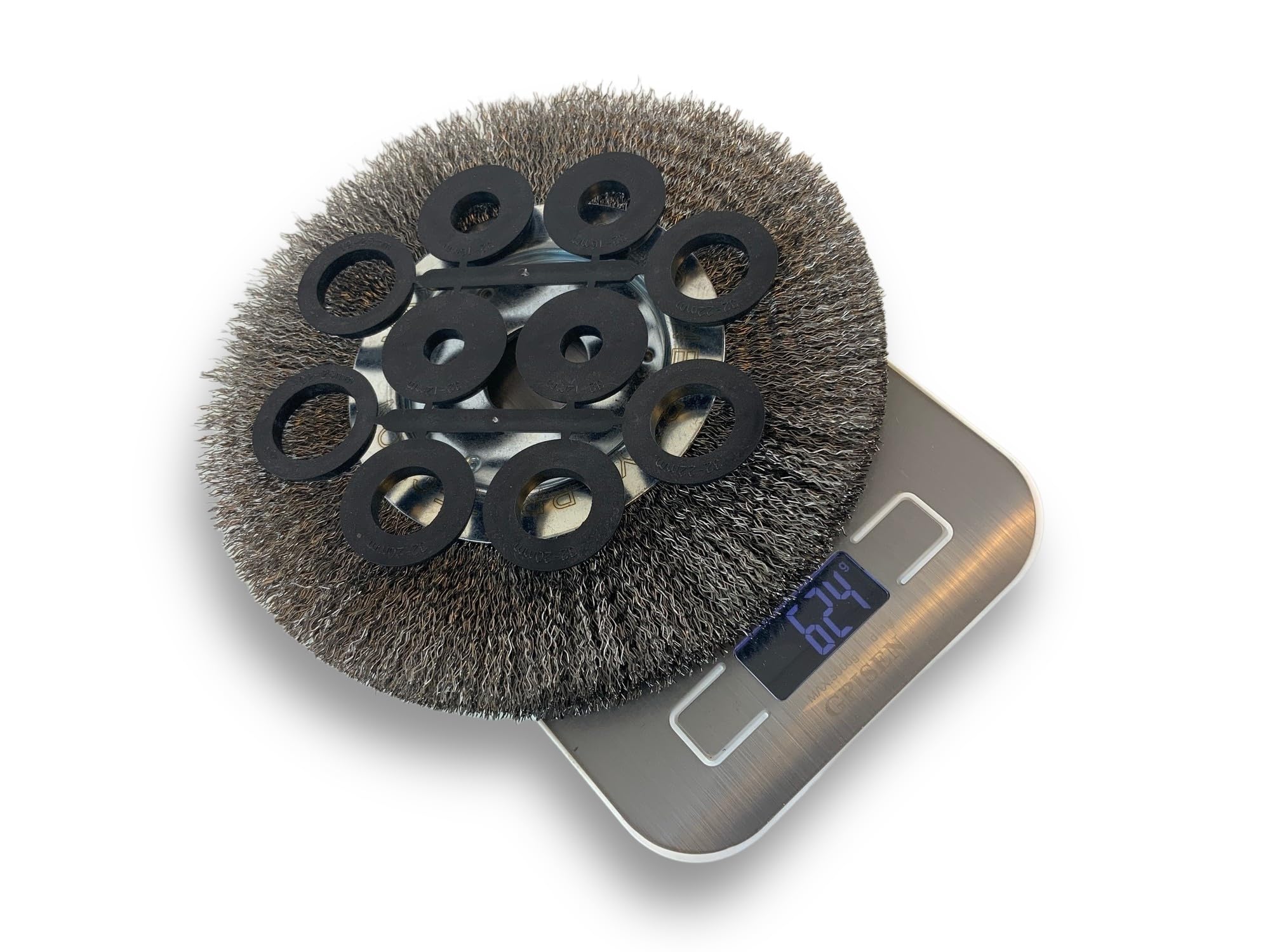 Brosse circulaire INOX | Ø 200 mm | Epaisseur 1 rang | Fil dur 0.30 mm ondulé | Alésage 32 mm + réducteur bague 25/22/20/16/12 mm | Touret meuleuse affûteuse ponceuse | Kibros 218201IT