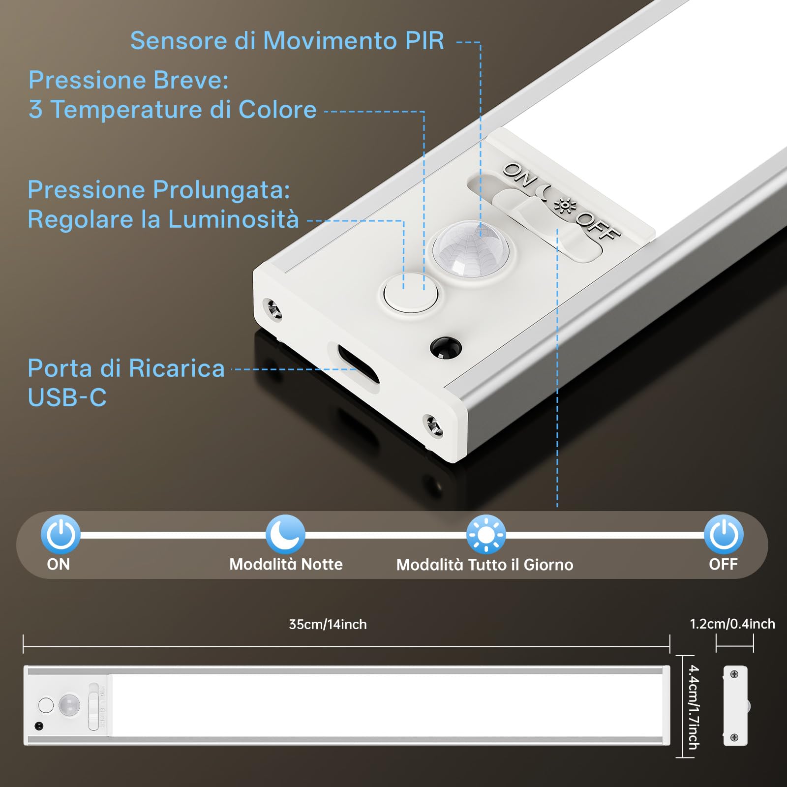 Luce Led Sottopensile con Telecomando, 35 cm Luci Armadio Led