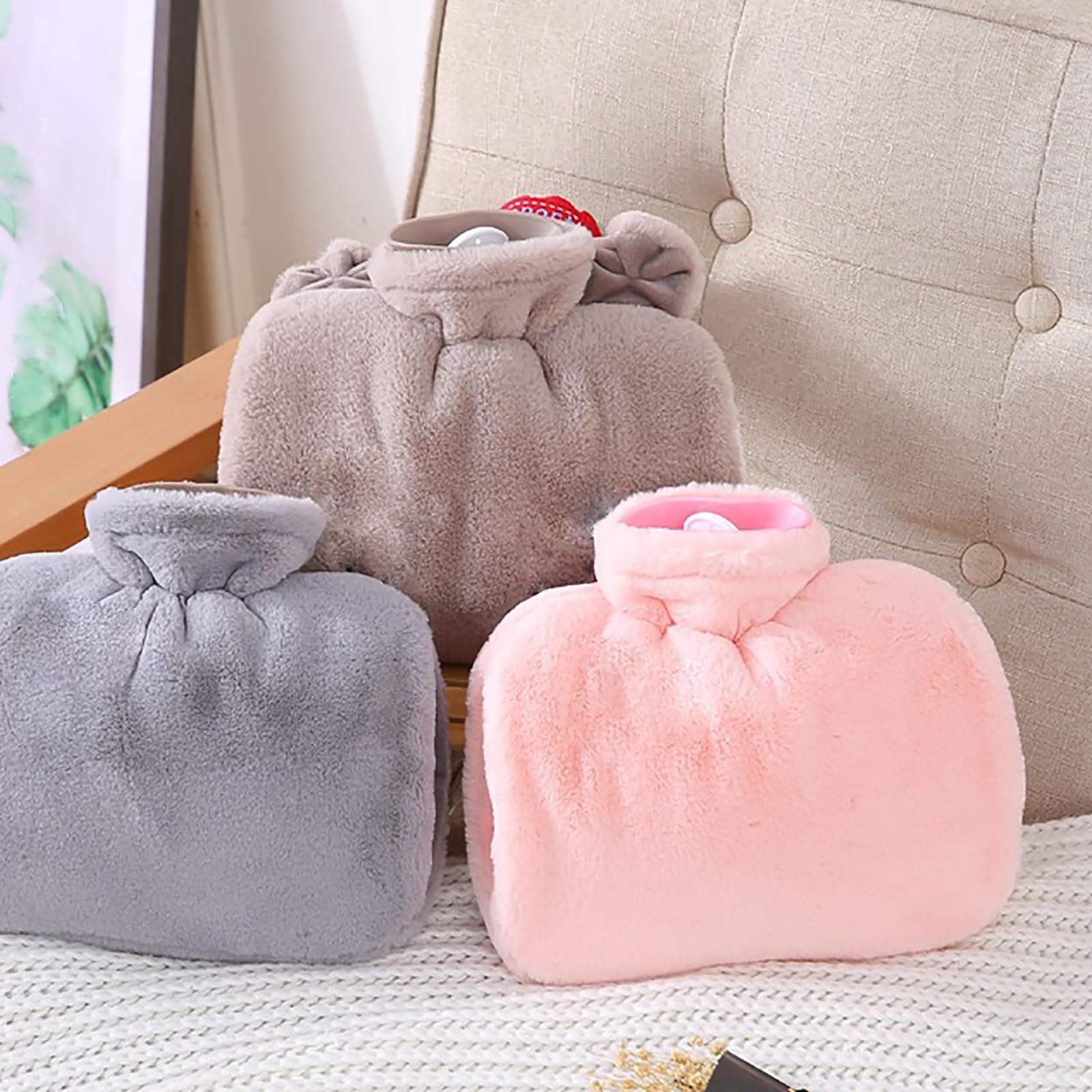 Bouillotte portable, bouillotte en PVC, avec housse en velours amovible, thérapie par le chaud et le froid (marron)