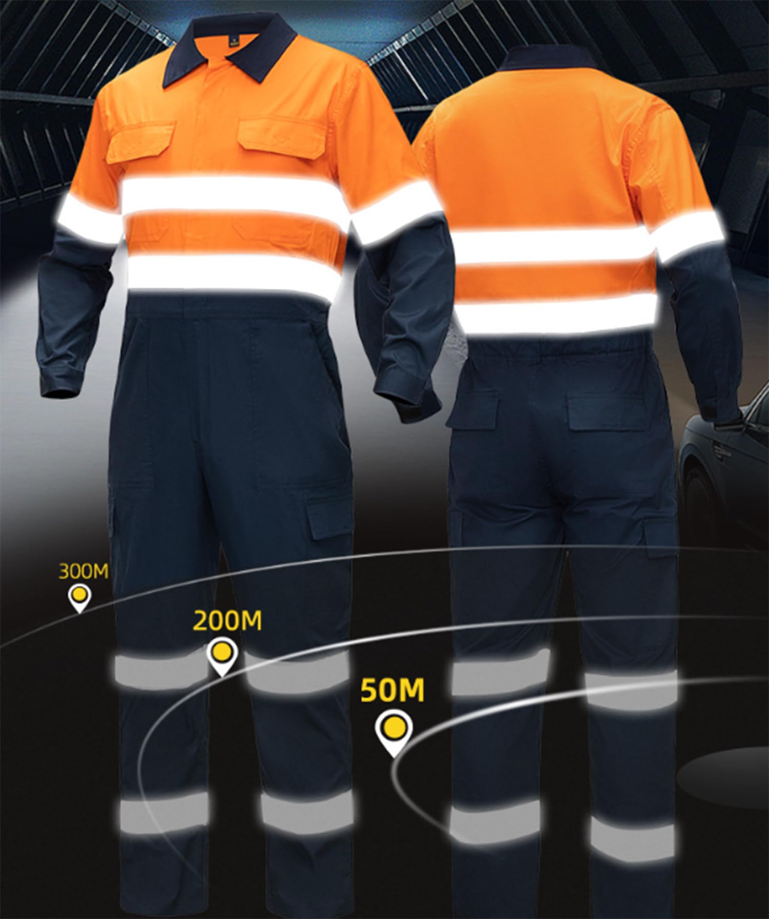 Mono de Manga Larga Mono de Trabajo de algodón Hombres Trabajo Utilitario y de Seguridad Mono con Bolsillos Laterales multifuncionales con Cinta Reflectante y Cremallera