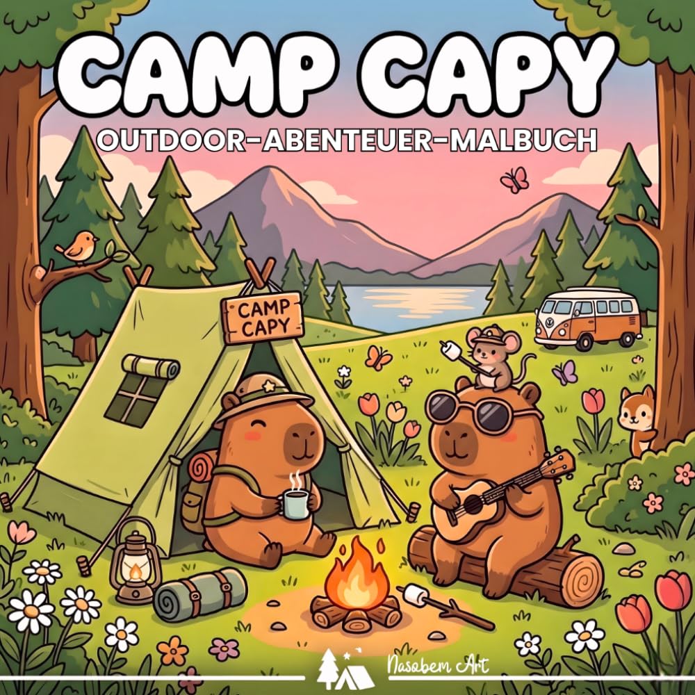 Camp Capy – Outdoor-Abenteuer-Malbuch für Erwachsene, Teens und Kinder: Kawaii Capybara Malbuch mit Sommer, Camping, Vanlife, Wandern und Natur zum Ausmalen und Entspannen