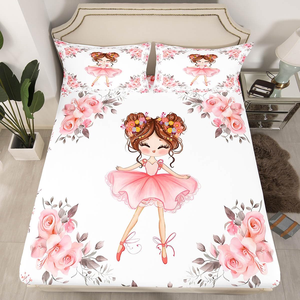 Erosebridal Ballet Bedding Sets Queen for Girls Kids Ballerina Design Fitted Sheet Cute Little Dancers Rose Flower Print