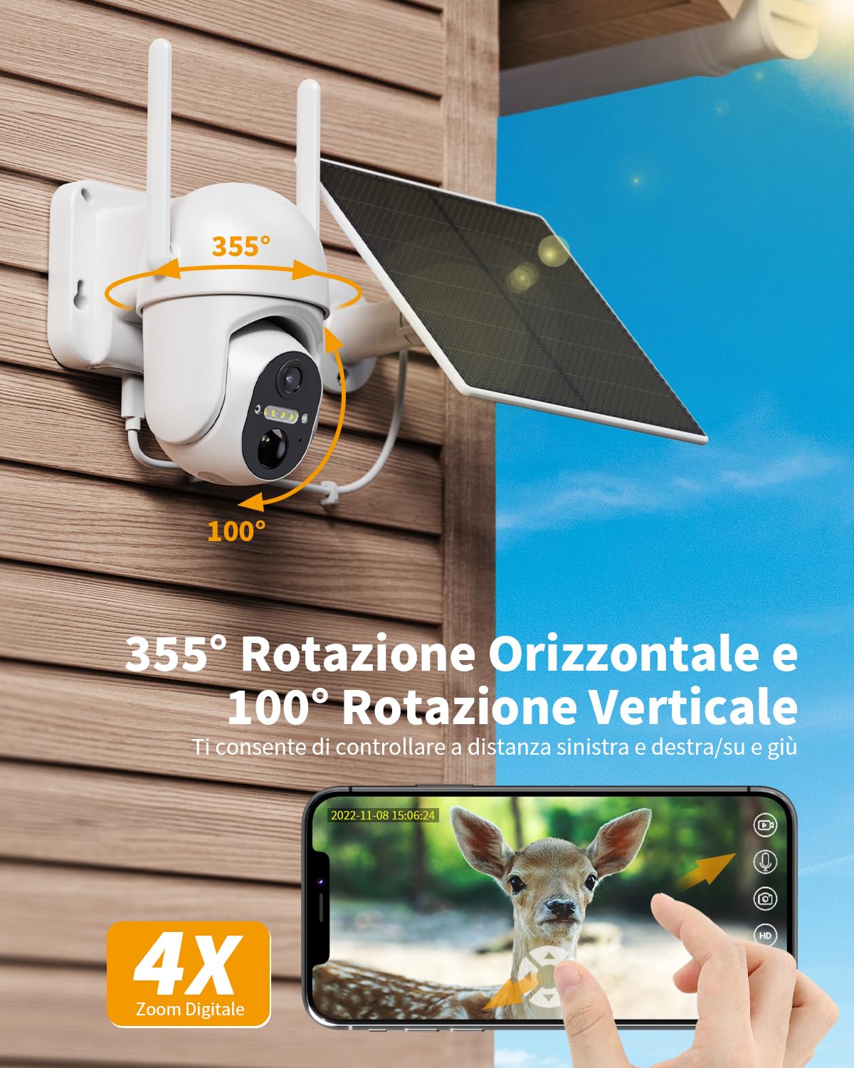 4G LTE Telecamera con SIM Scheda, 2K 360° PTZ Telecamera Senza Fili Esterno con Pannello Solare, Visione Notturna a Colori, Audio Bidirezionale, PIR Rilevamento Videocamera, IP66 (Senza WiFi)