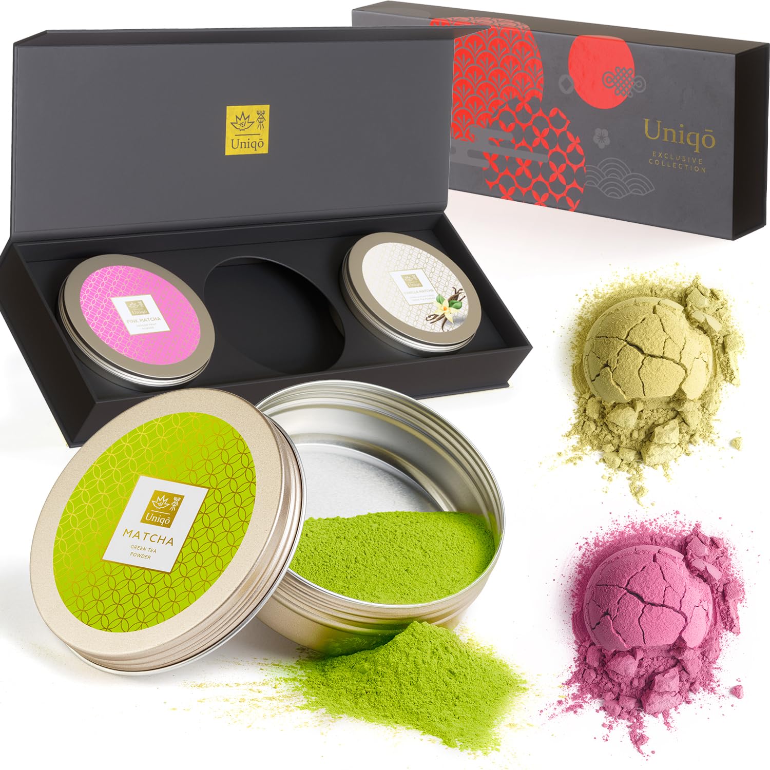 Tea Uniqo - Matcha Pulver Set mit Pink, Vanille und Pure Matcha | Tee Geschenkset mit Drachenfruchtpulver und Matcha Latte Pulver