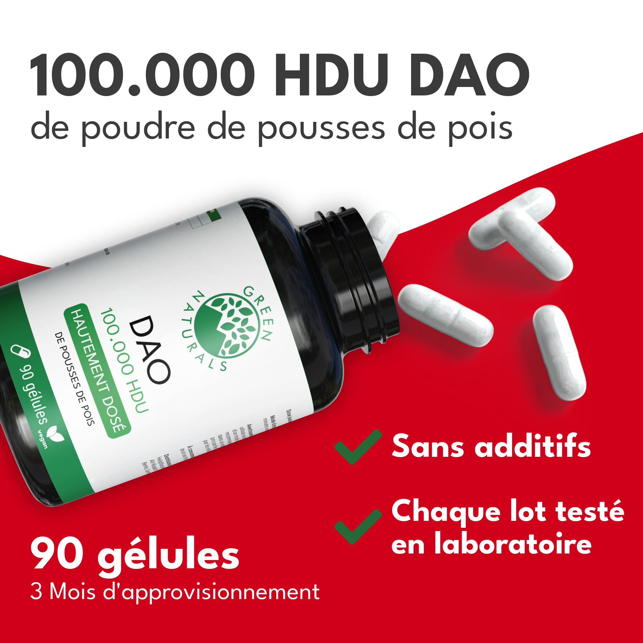 Green Naturals® DAO Vegan – Haute dose 300 000 HDU par dose journalière – Gélules gastro-résistantes – Enzyme DAO végétale issue de protéines de pois – Avec 100 mg de pousses de pois – 90 gélules | 100 000 HDU par capsule · Diaminoxase à partir de pousses